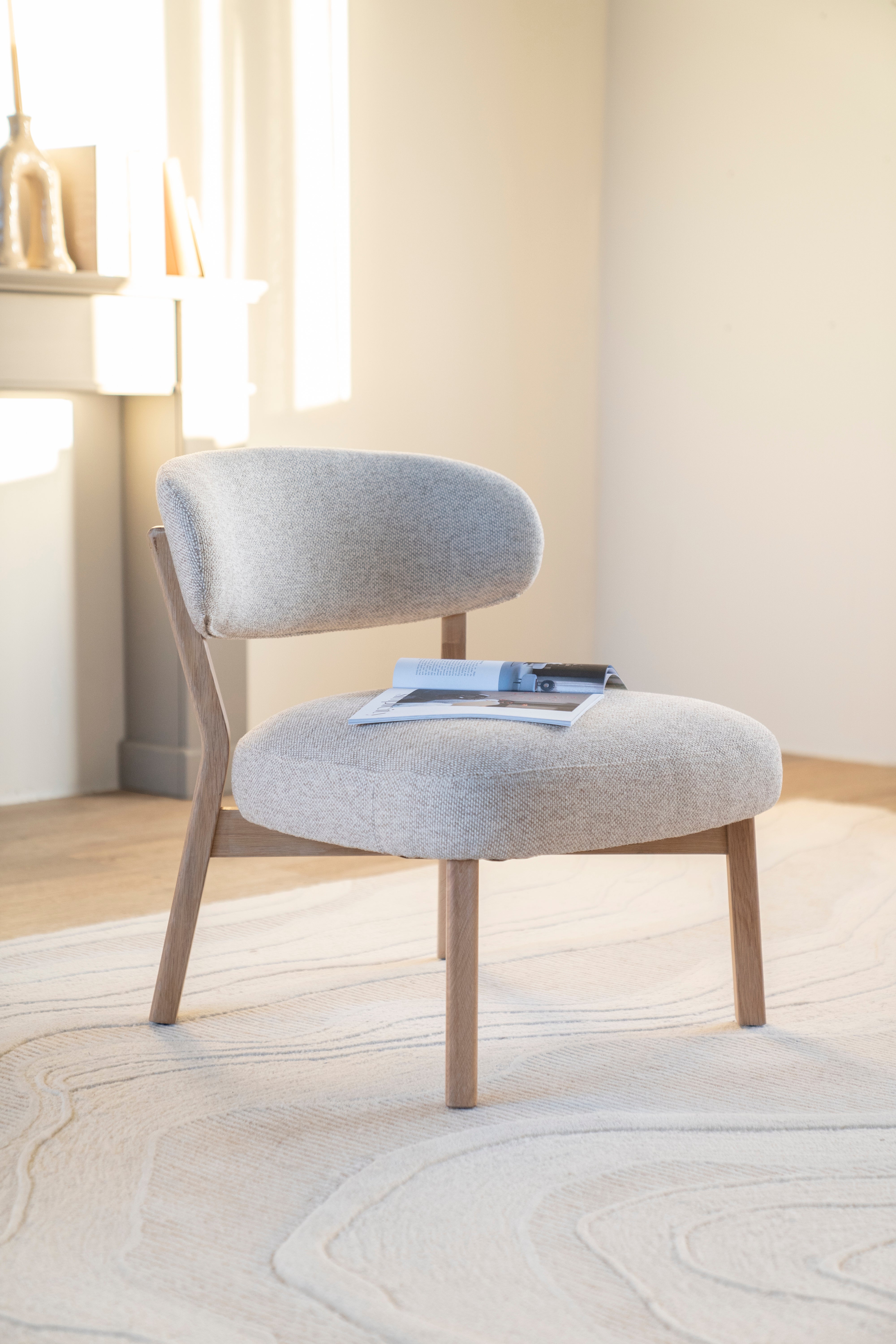 MIKKY Beige Armchair with Light Wooden Base