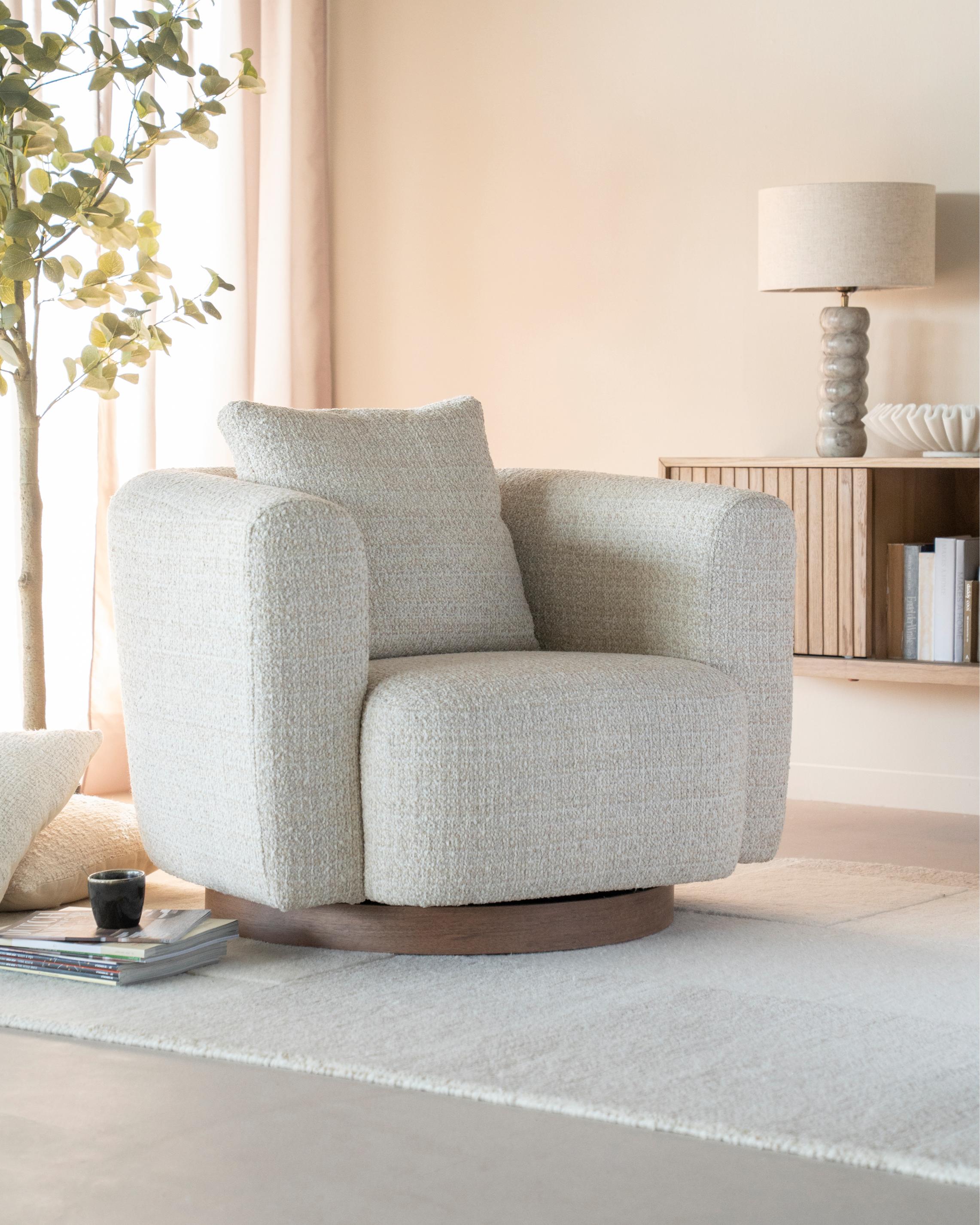 JORDAN light beige swivel armchair with wooden base