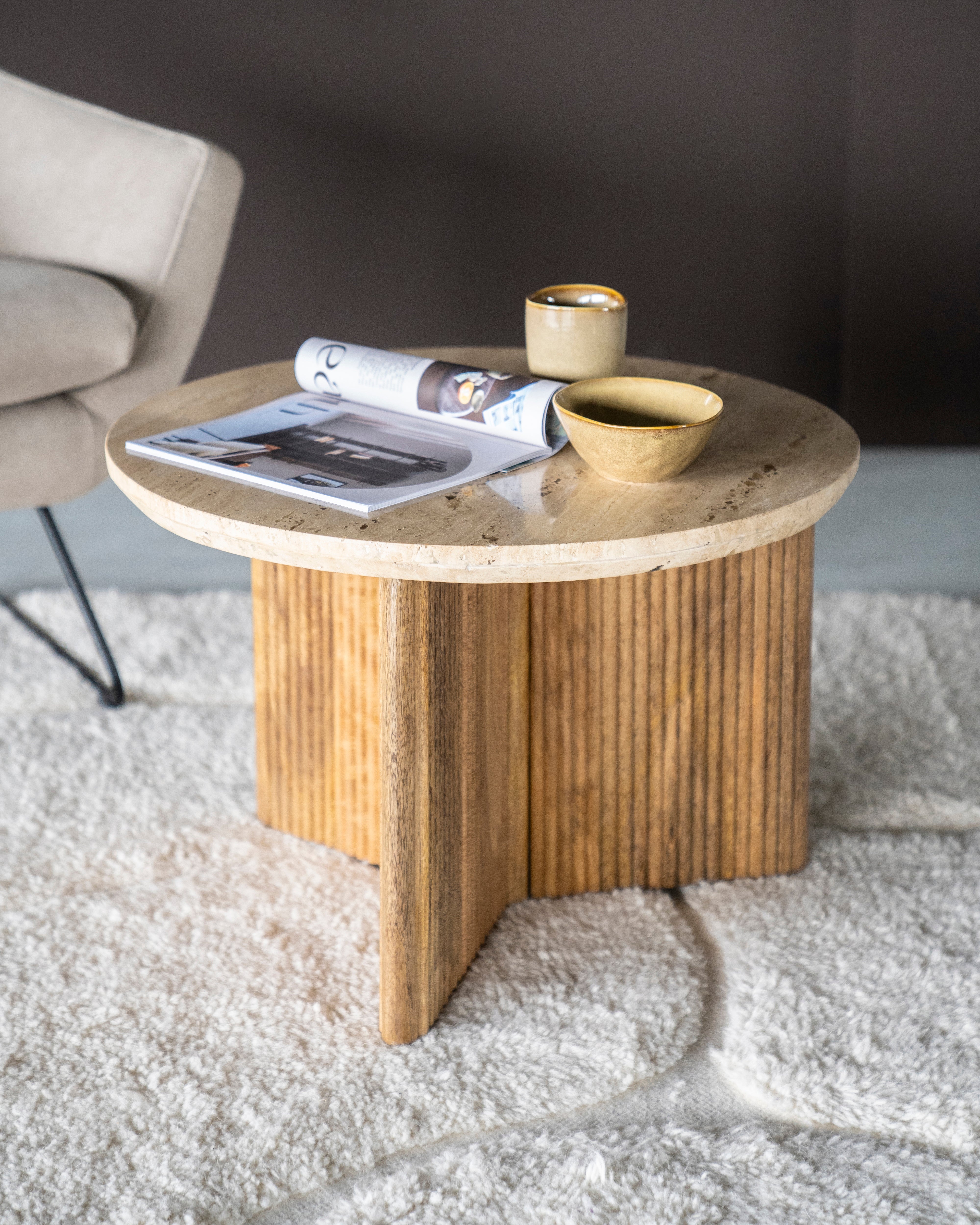 SARA Side Table Mango Wood with Travertine Top