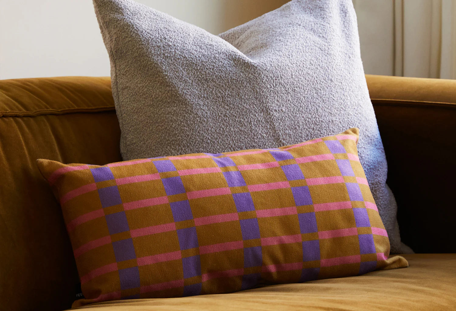 Rectangular Cushion STRIPES AND CHECKS Olive Brown with Purple