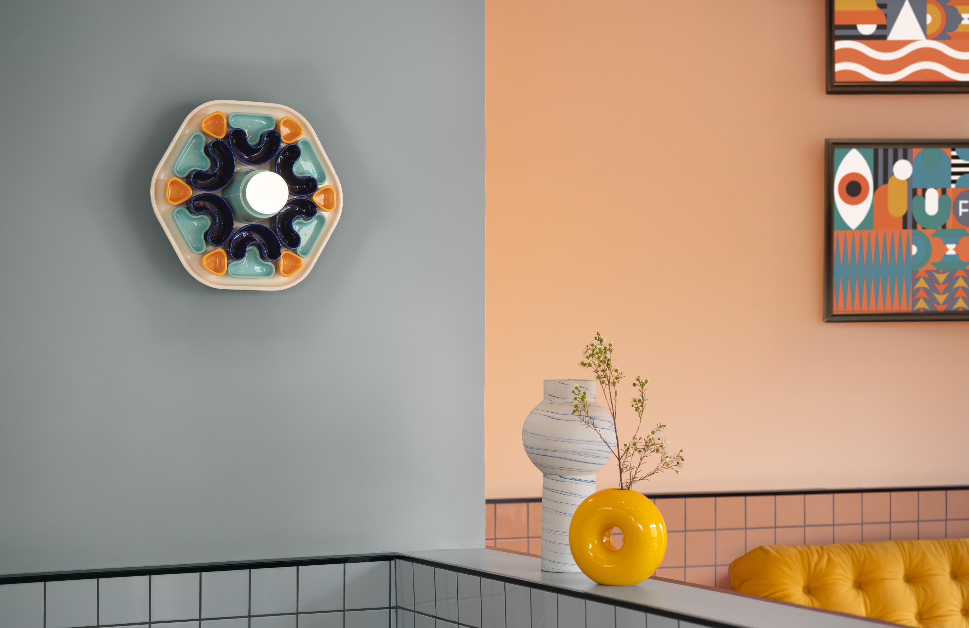Ceramic wall lamp PHYTIA blue with yellow, orange, and brown