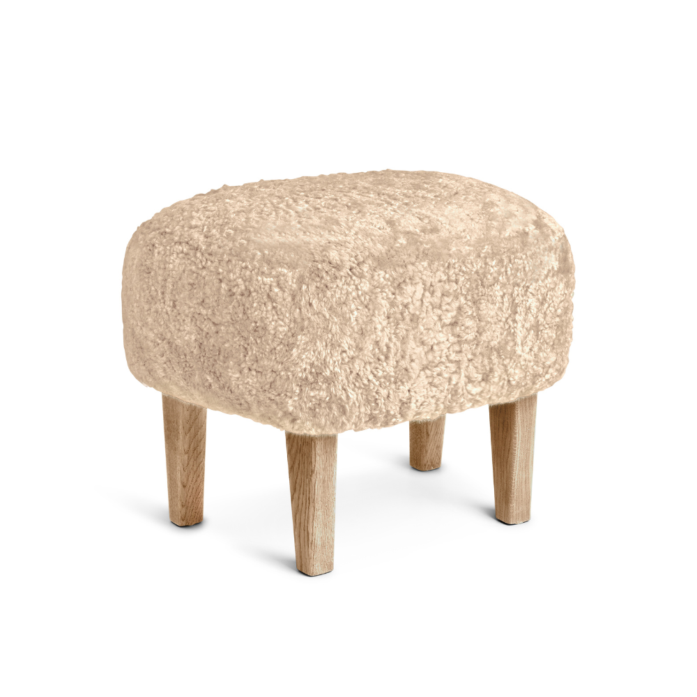 INGEBORG Footstool beige sheepskin with oak base