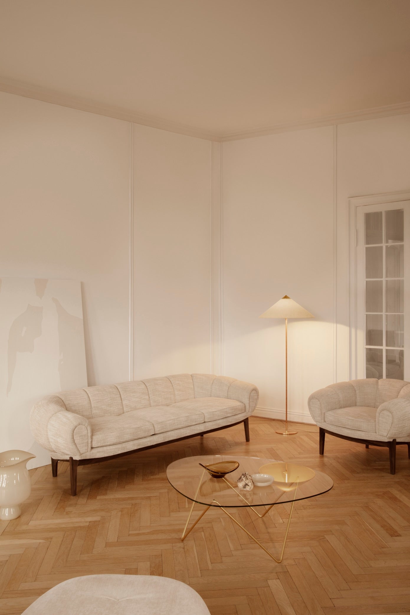 Sofa 3-sitzig CROISSANT gepolstert aus Leder mit Eichenbasis