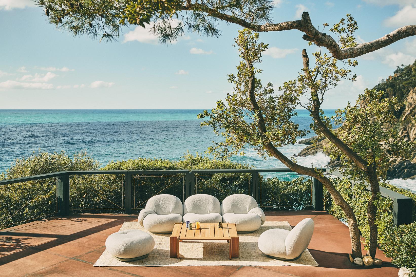 Outdoor pouf PACHA upholstered with a gold base