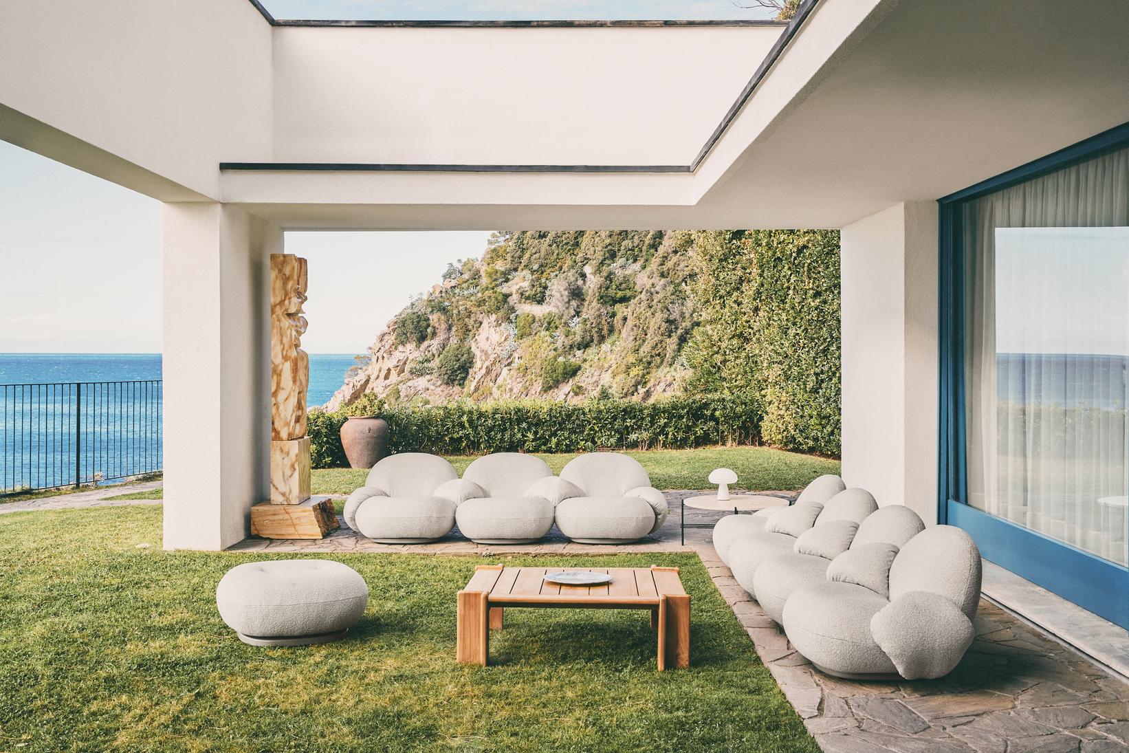 Outdoor pouf PACHA upholstered with a gold base
