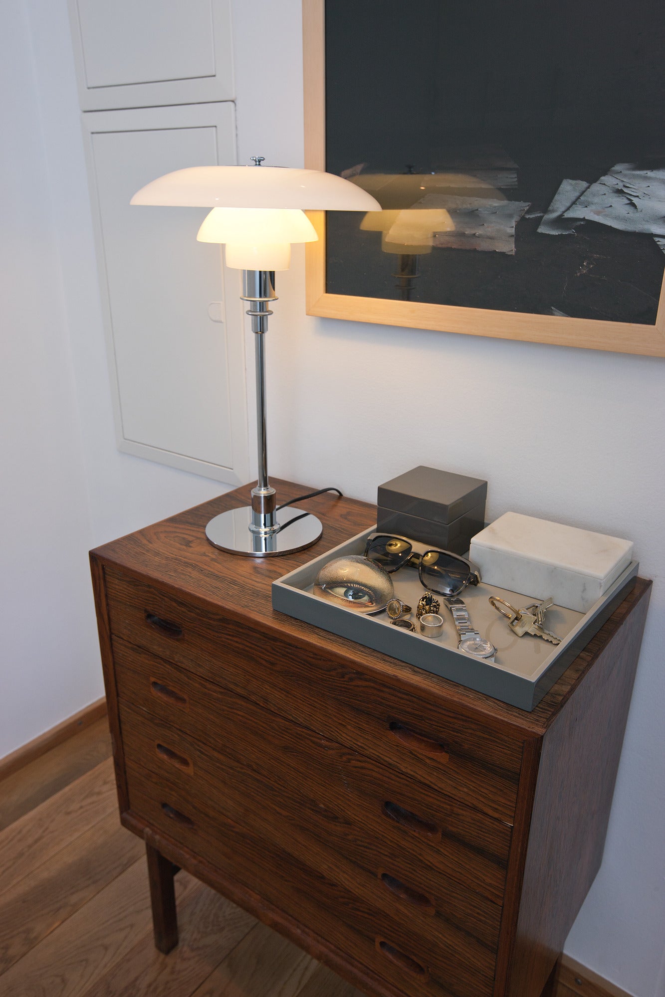 Tischlampe PH 3/2 weiß mit verchromtem Fuß