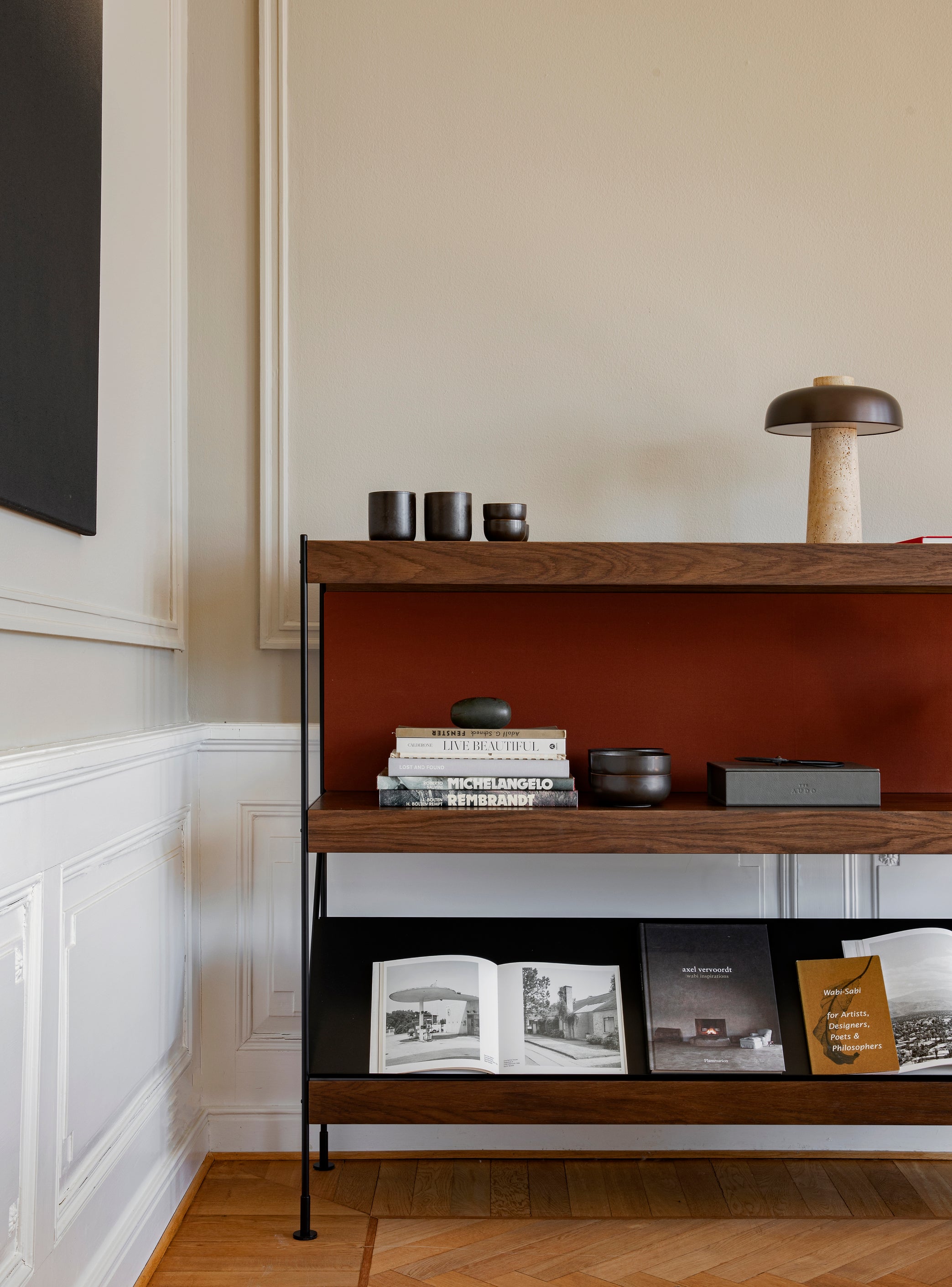 ZET shelf in dark oak wood with a black frame