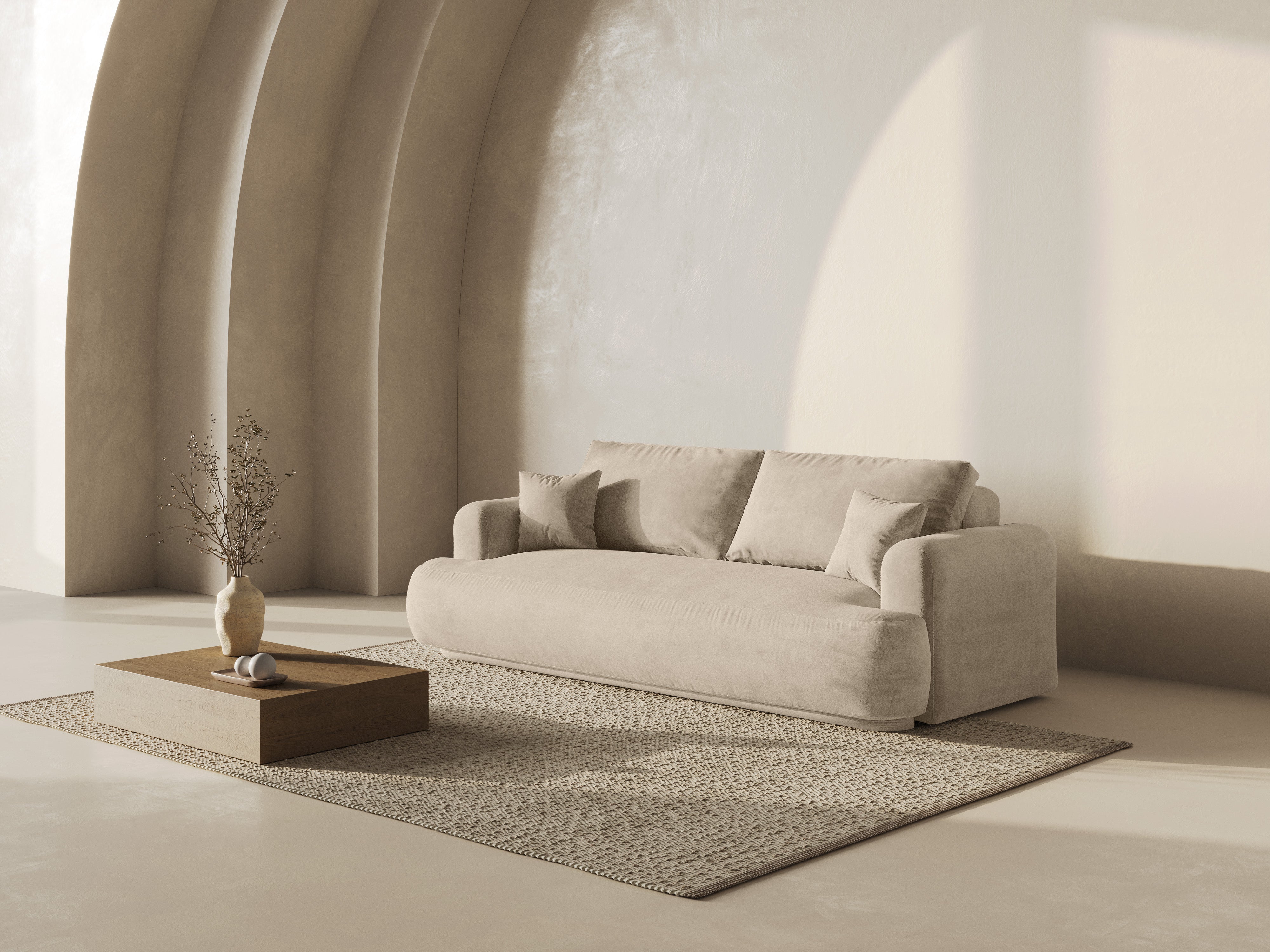 Velvet sofa with Ella light beige sleeping function