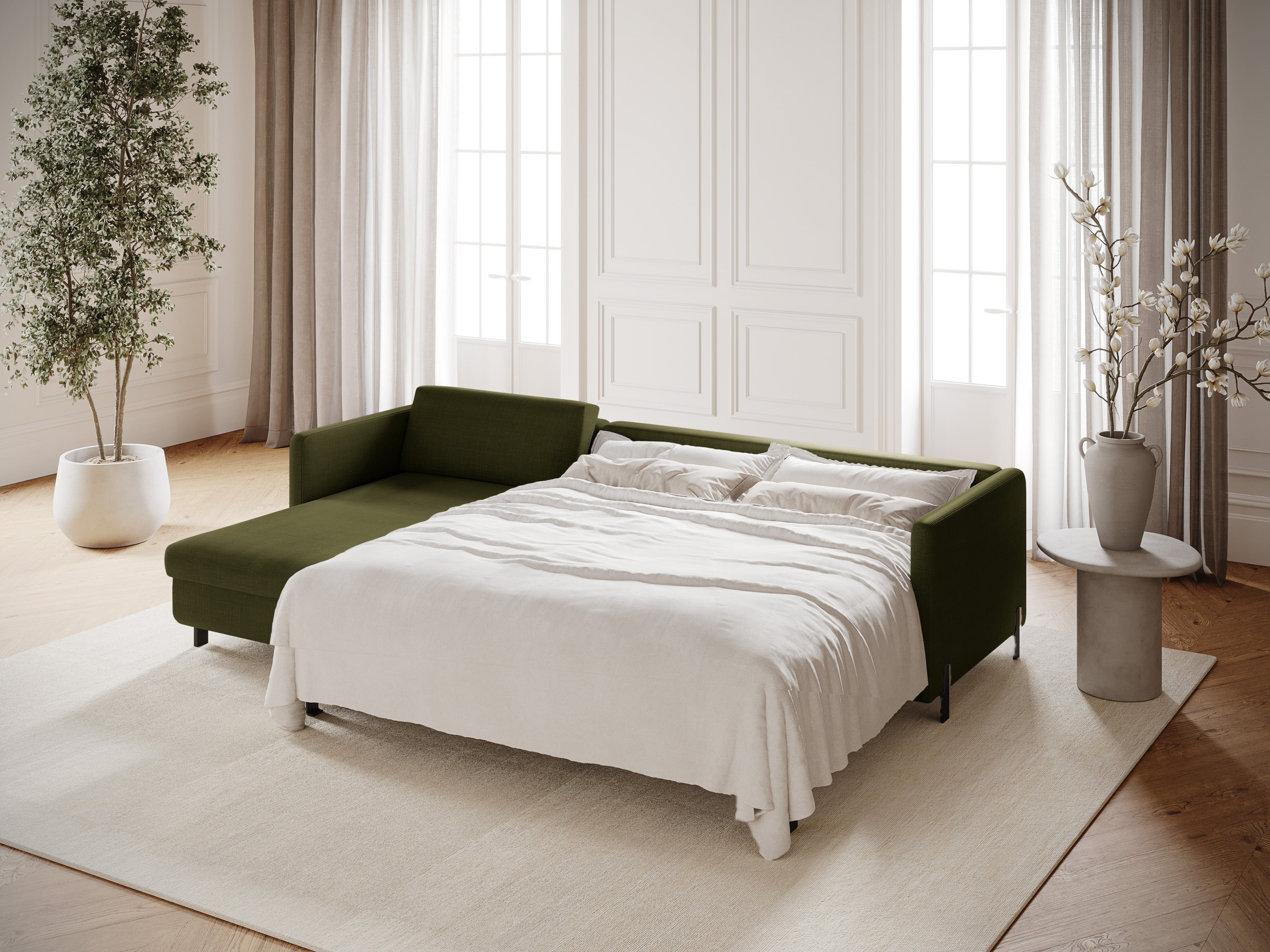 Left Corner Sofa with Bed Function and Box, "Gloria", 4 Seats, Green, 260x170x80
Made in Europe