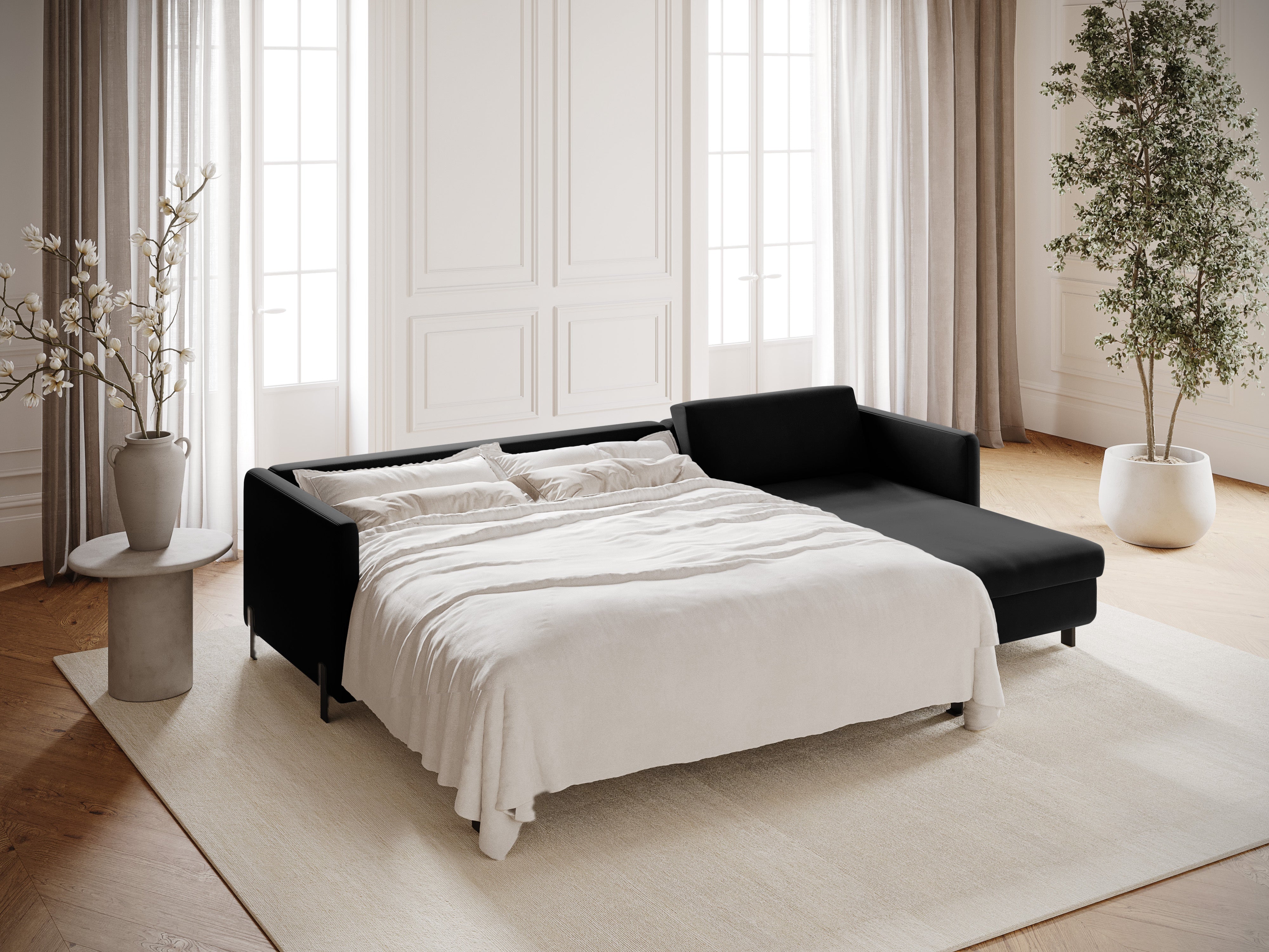 Velvet Right Corner Sofa with Bed Function, "Gloria", 5 Seats, Black, 280x170x80
Made in Europe