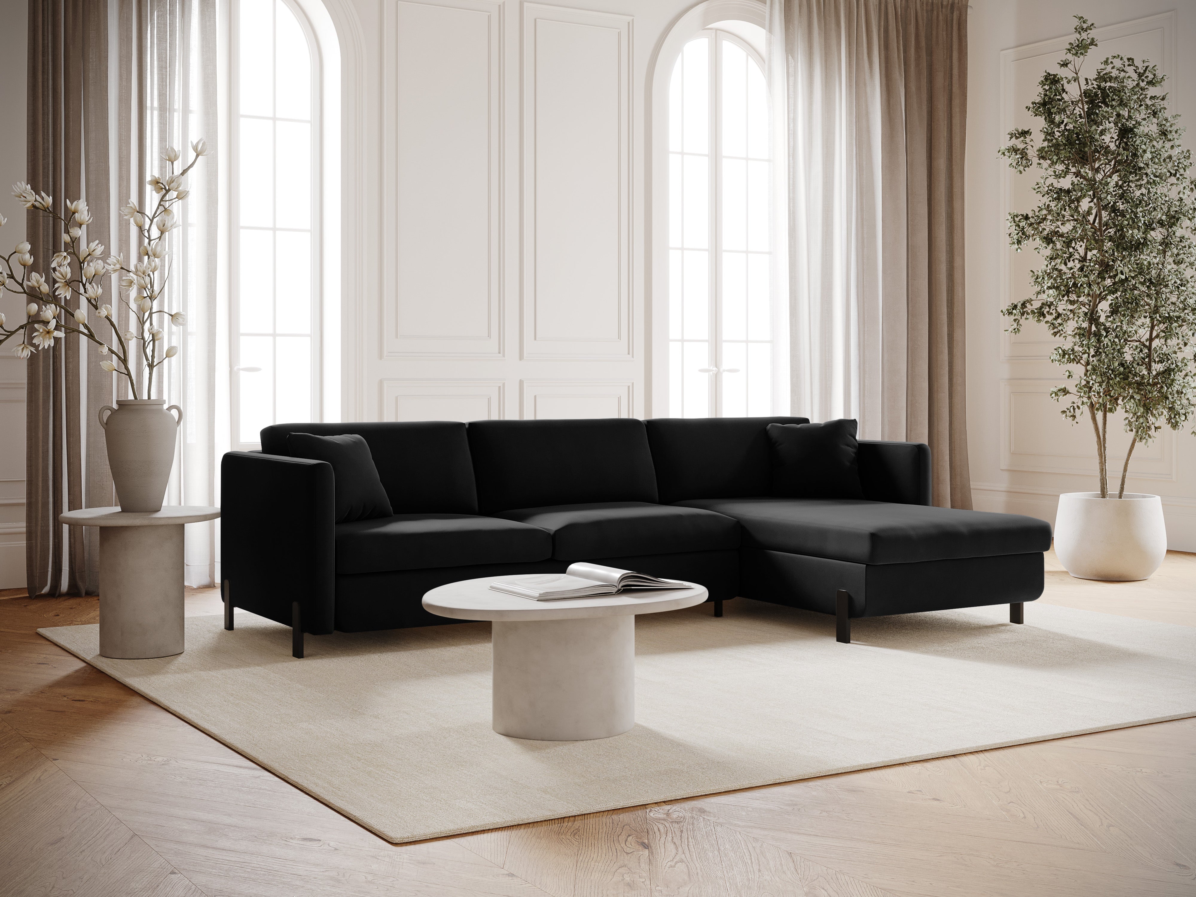 Velvet Right Corner Sofa with Bed Function, "Gloria", 5 Seats, Black, 280x170x80
Made in Europe