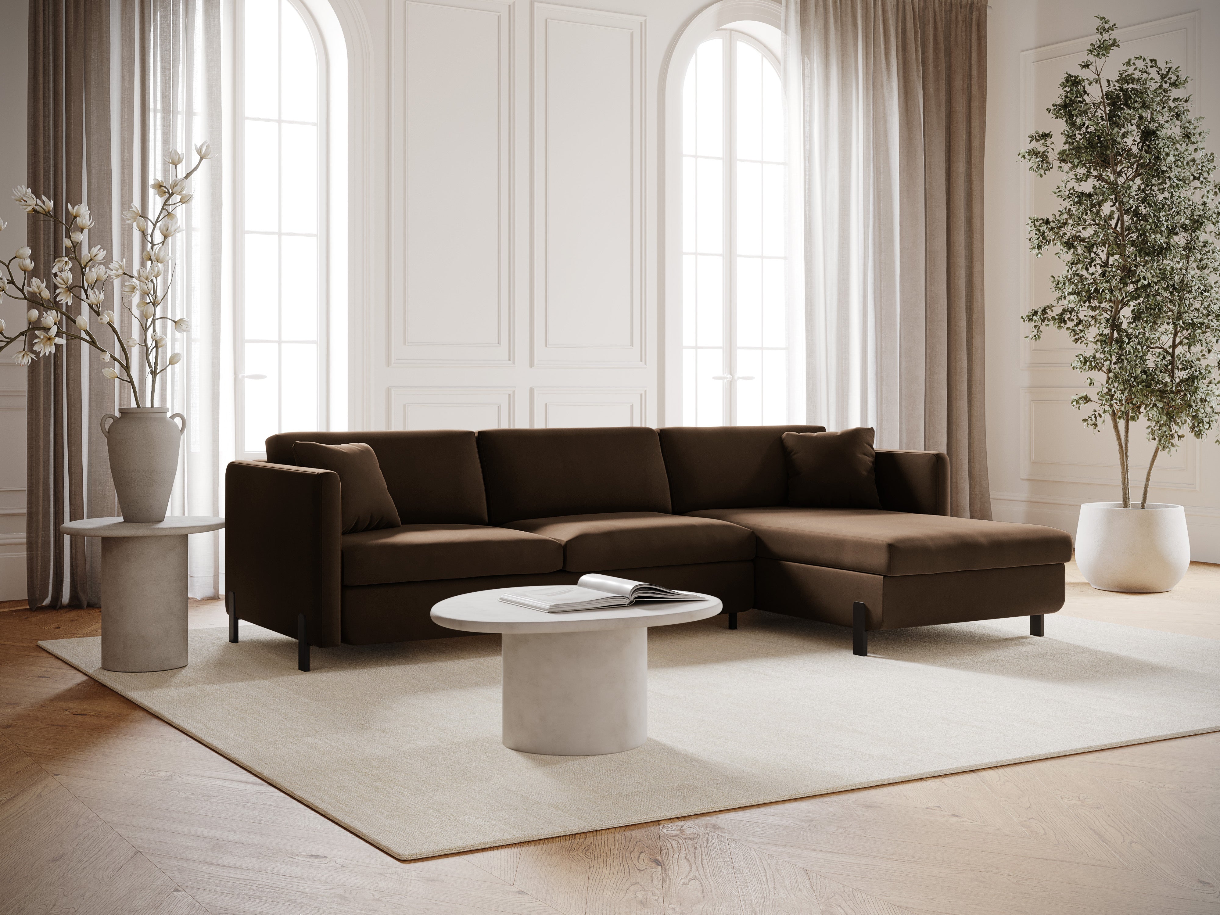 Velvet Right Corner Sofa with Bed Function, "Gloria", 4 Seats, Chocolate, 260x170x80
Made in Europe
