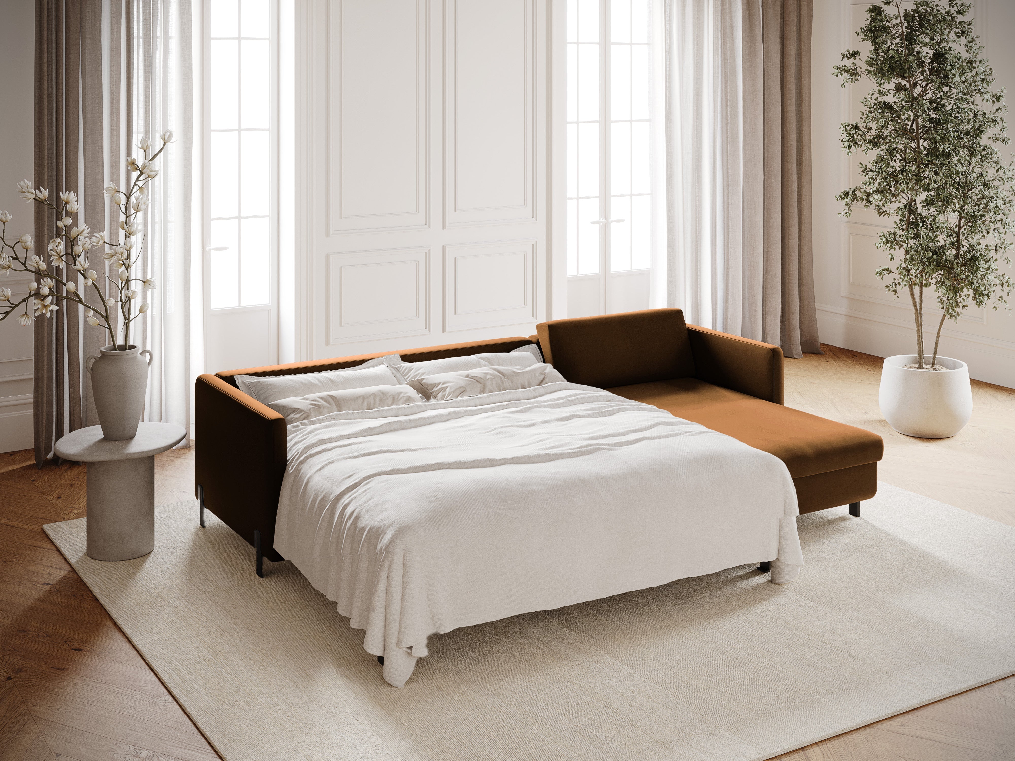 Velvet Right Corner Sofa with Bed Function, "Gloria", 4 Seats, Brown, 260x170x80
Made in Europe