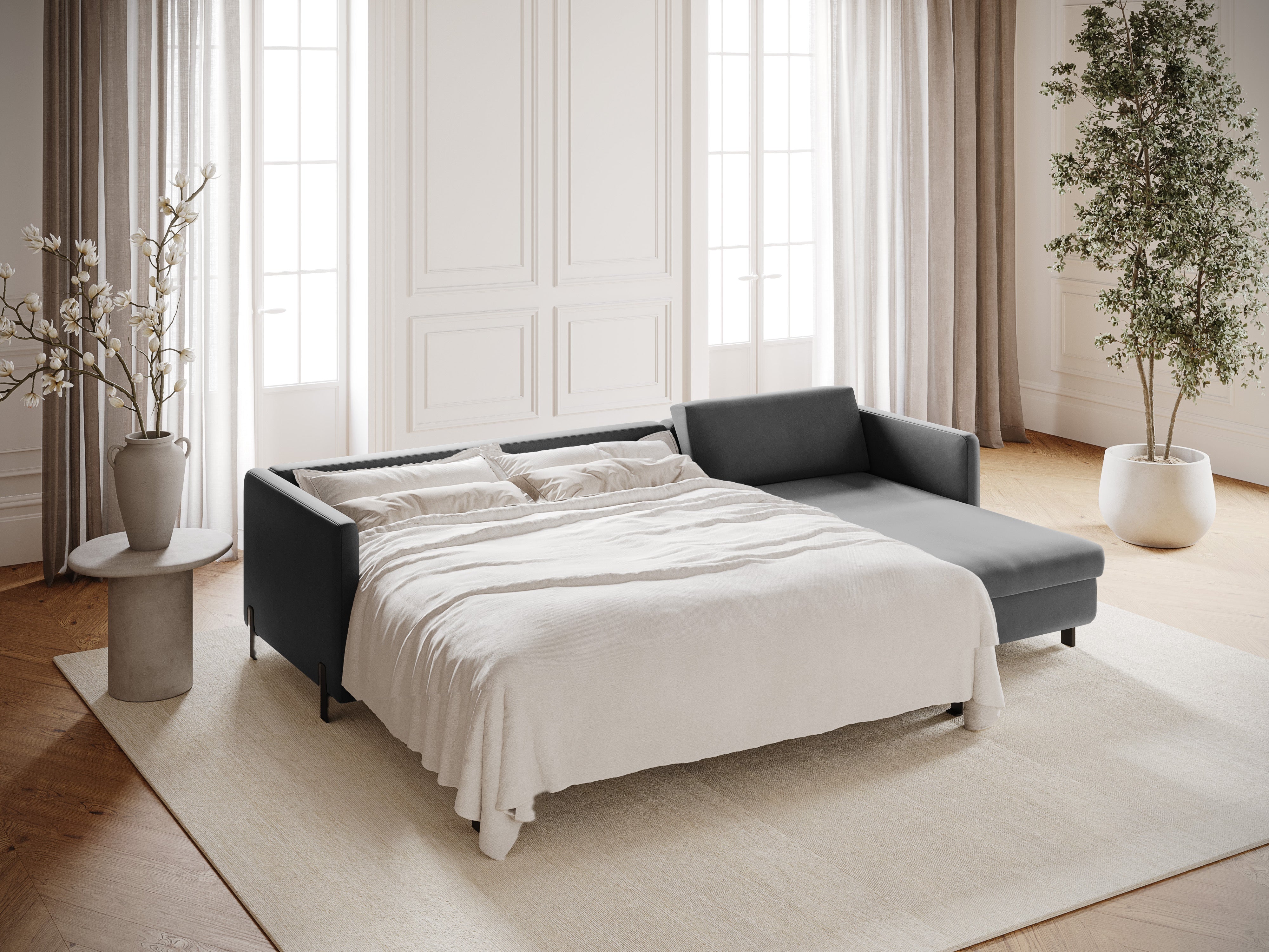Velvet Right Corner Sofa with Bed Function, "Gloria", 4 Seats, Gray, 260x170x80
Made in Europe