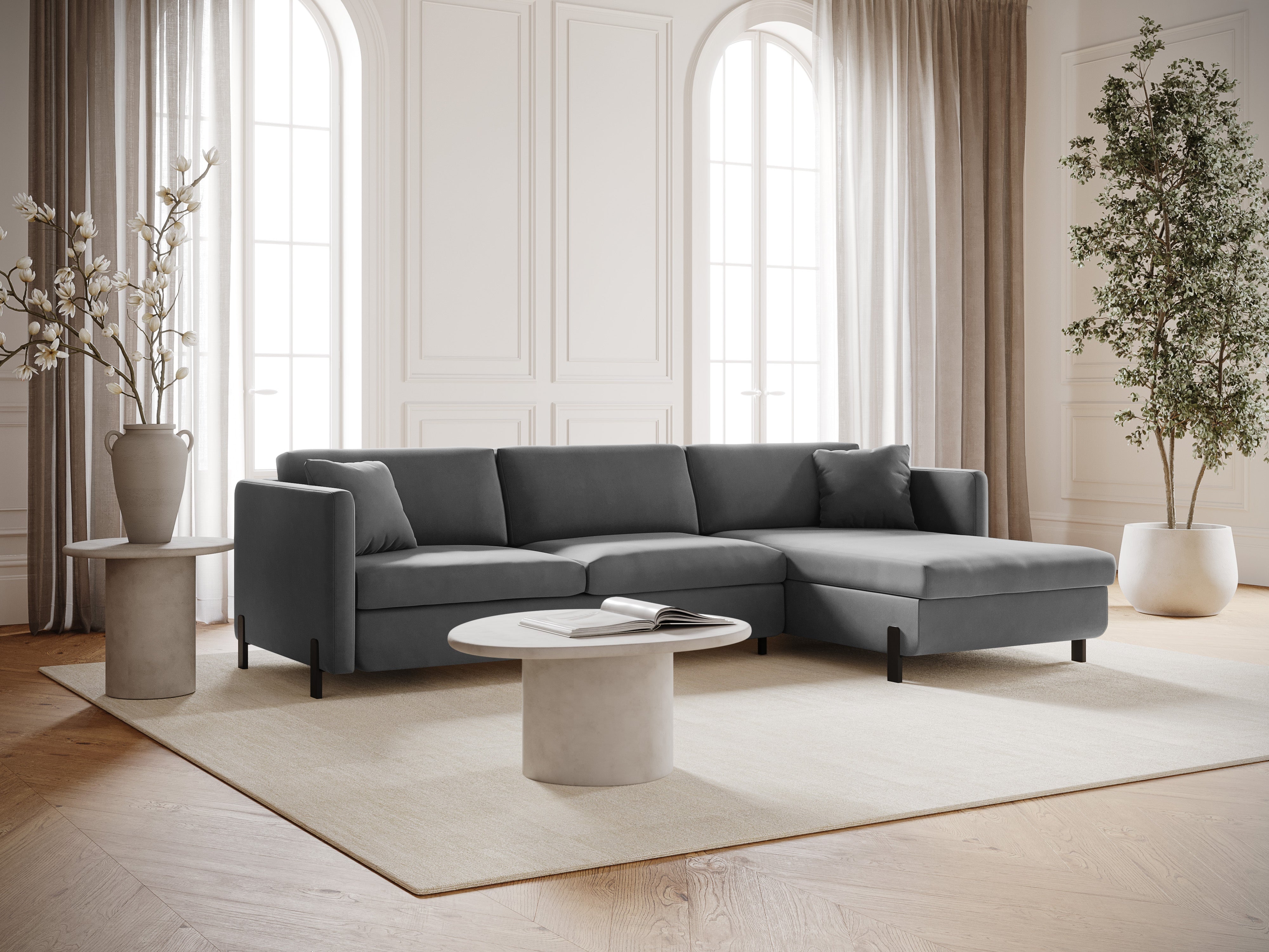 Velvet Right Corner Sofa with Bed Function, "Gloria", 4 Seats, Gray, 260x170x80
Made in Europe