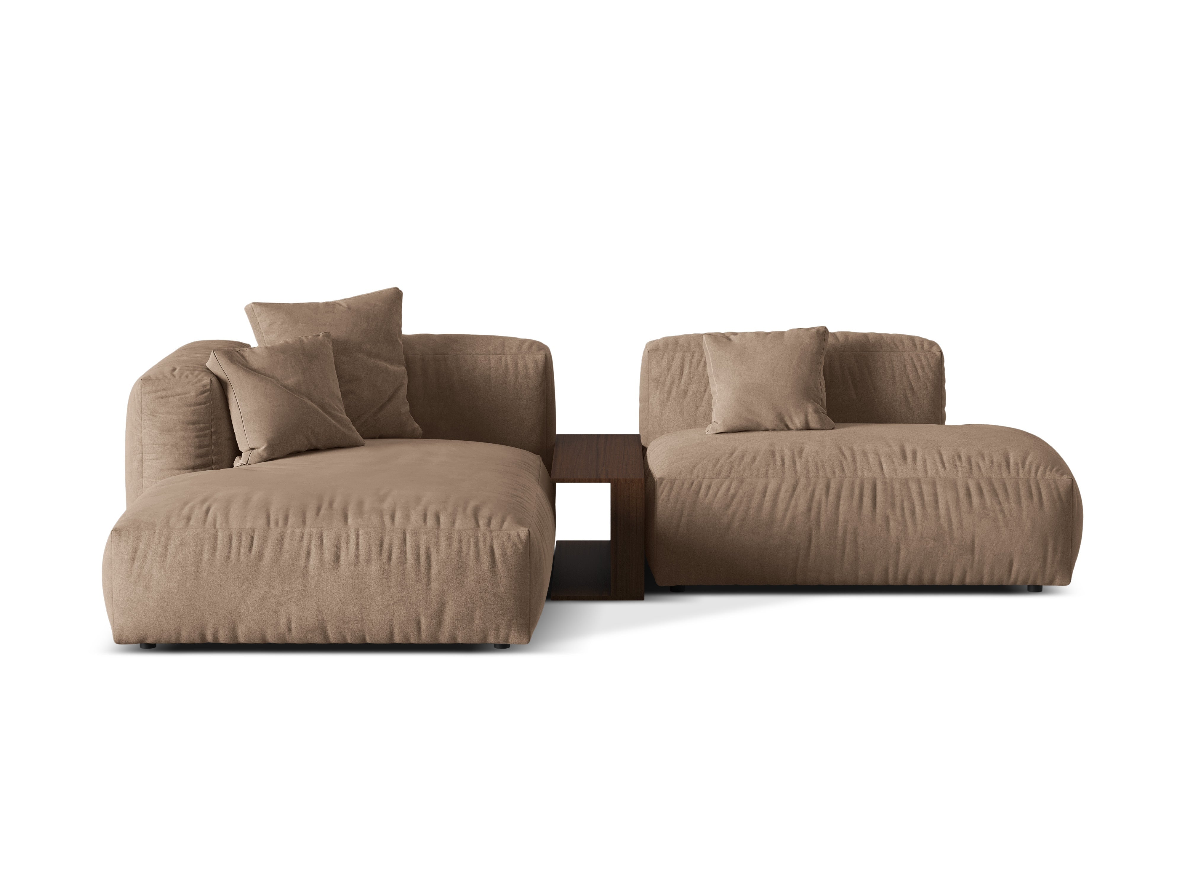 Links -Hand -Samtecke mit einem dunklen beige Martin -Tisch