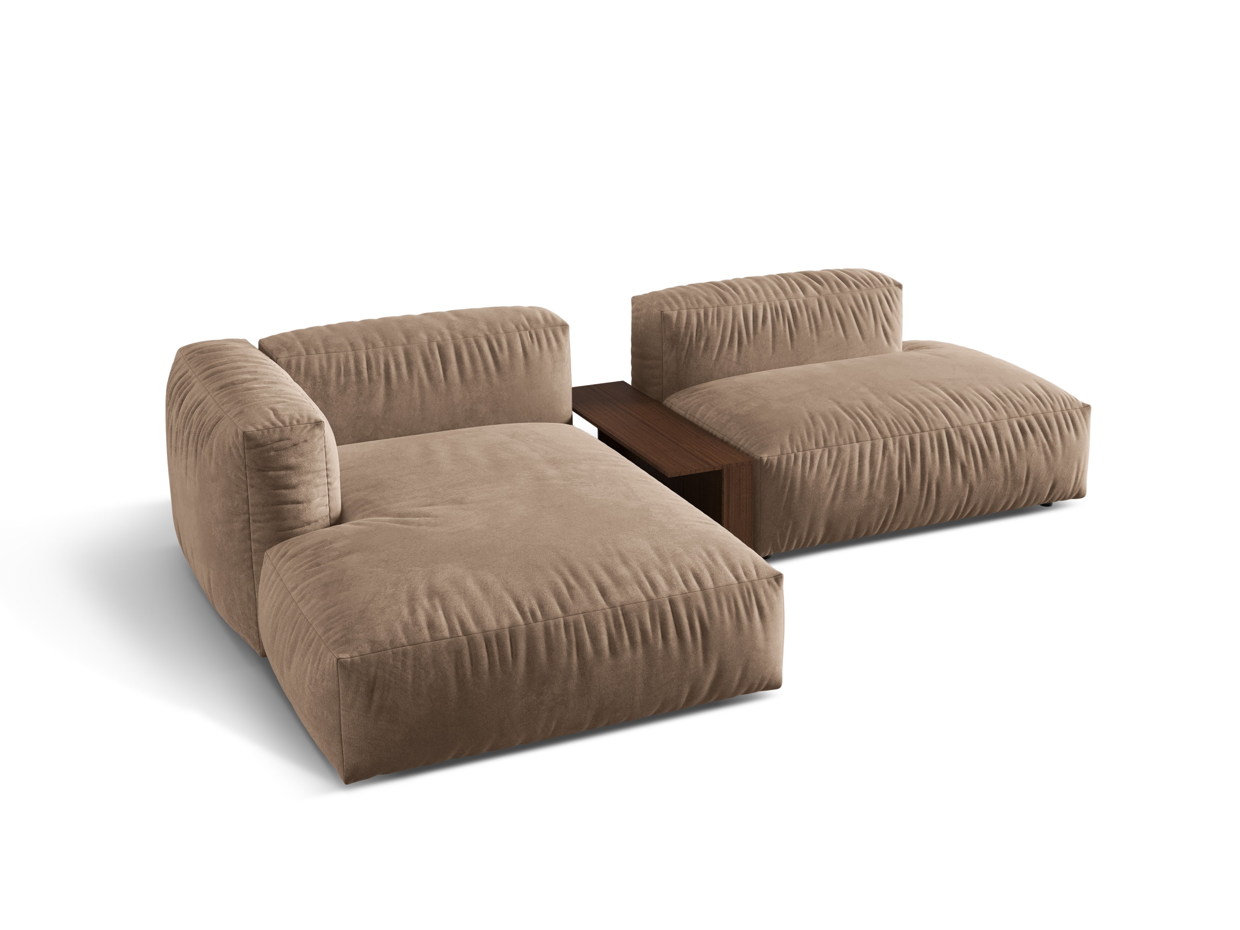 Links -Hand -Samtecke mit einem dunklen beige Martin -Tisch