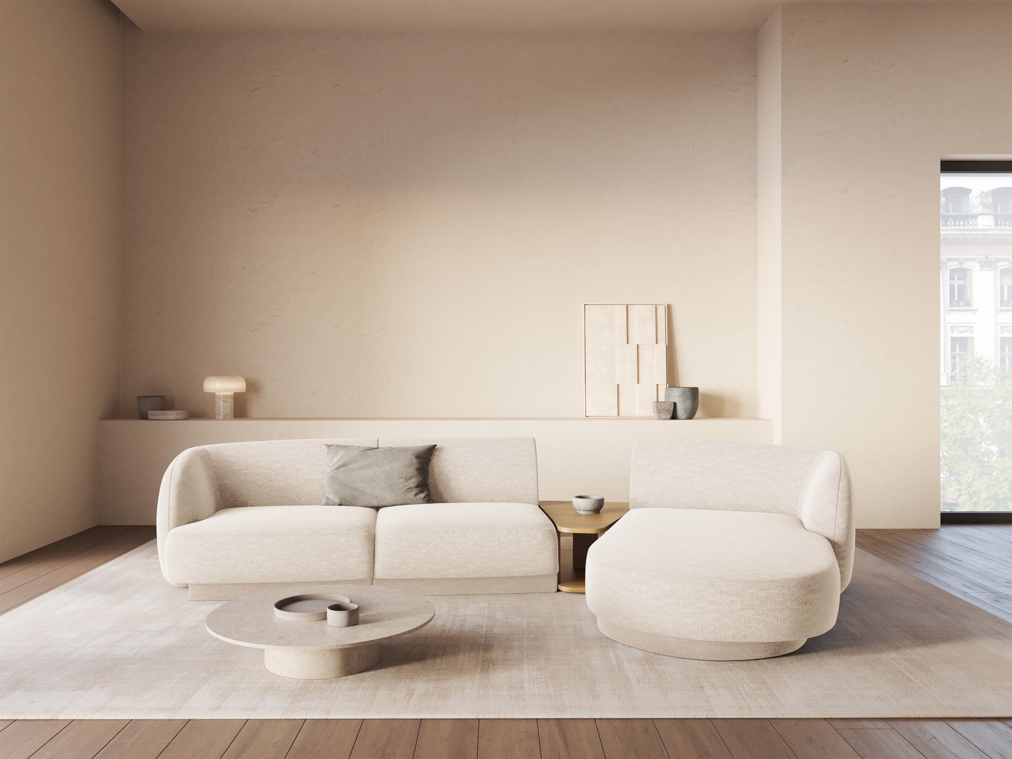 Modular corner sofa with table 3-seater right-hand MILEY ivory chenille