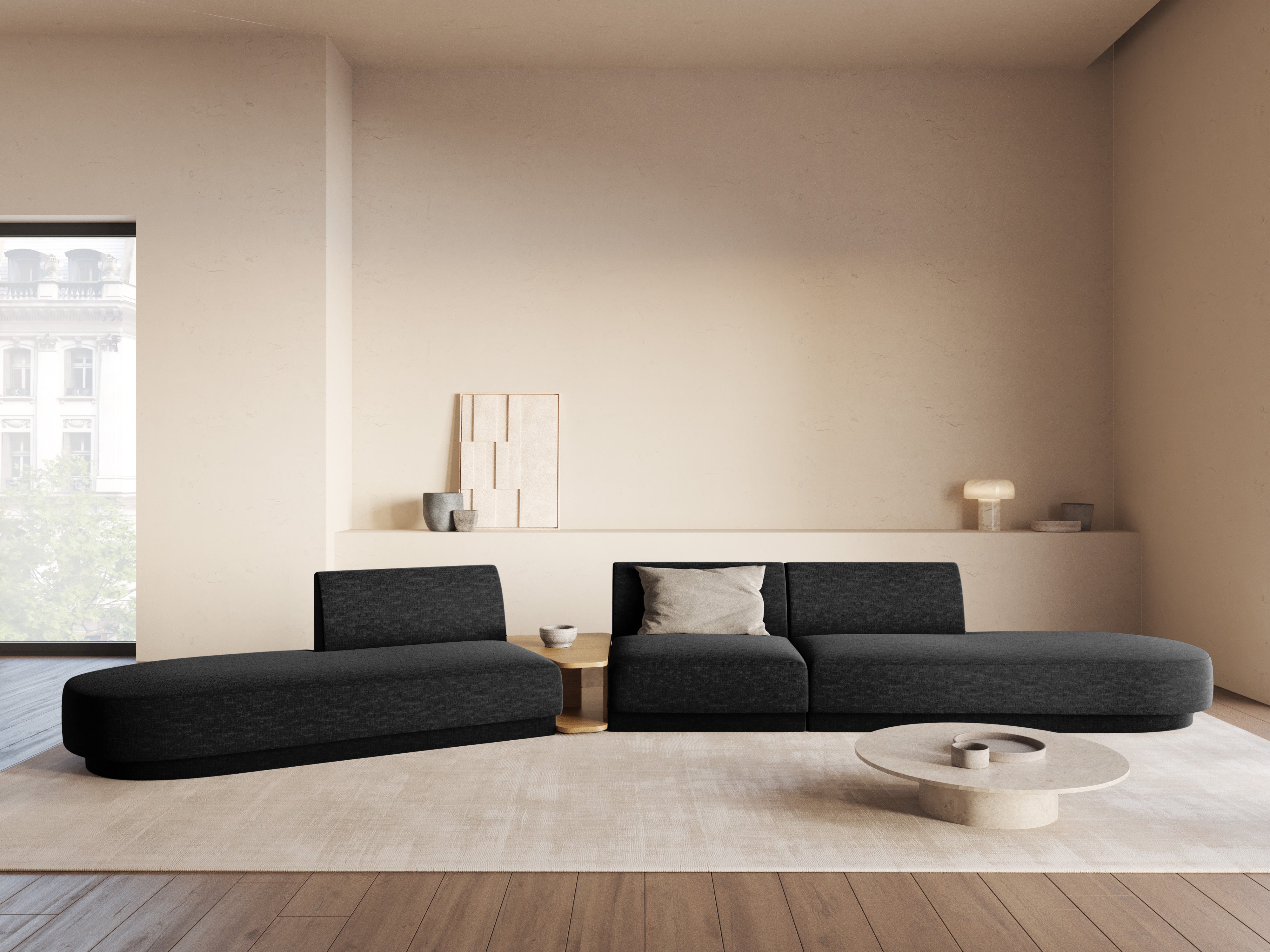 Modulares Sofa links mit Tisch für 5 Personen MILEY schwarzes schimmerndes Chenille