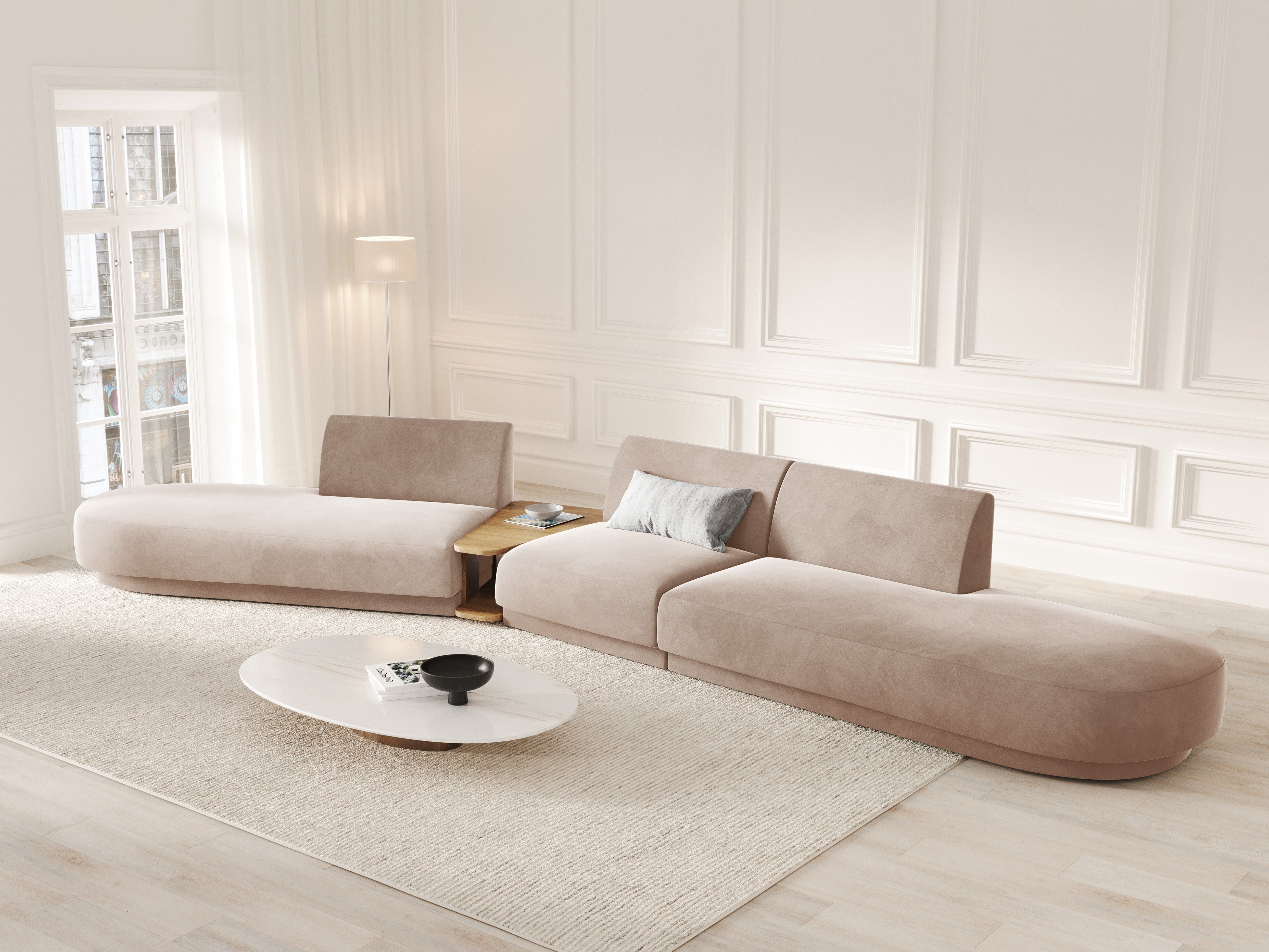 Modulares Sofa links mit Tisch für 5 Personen aus Samt MILEY Cappuccino