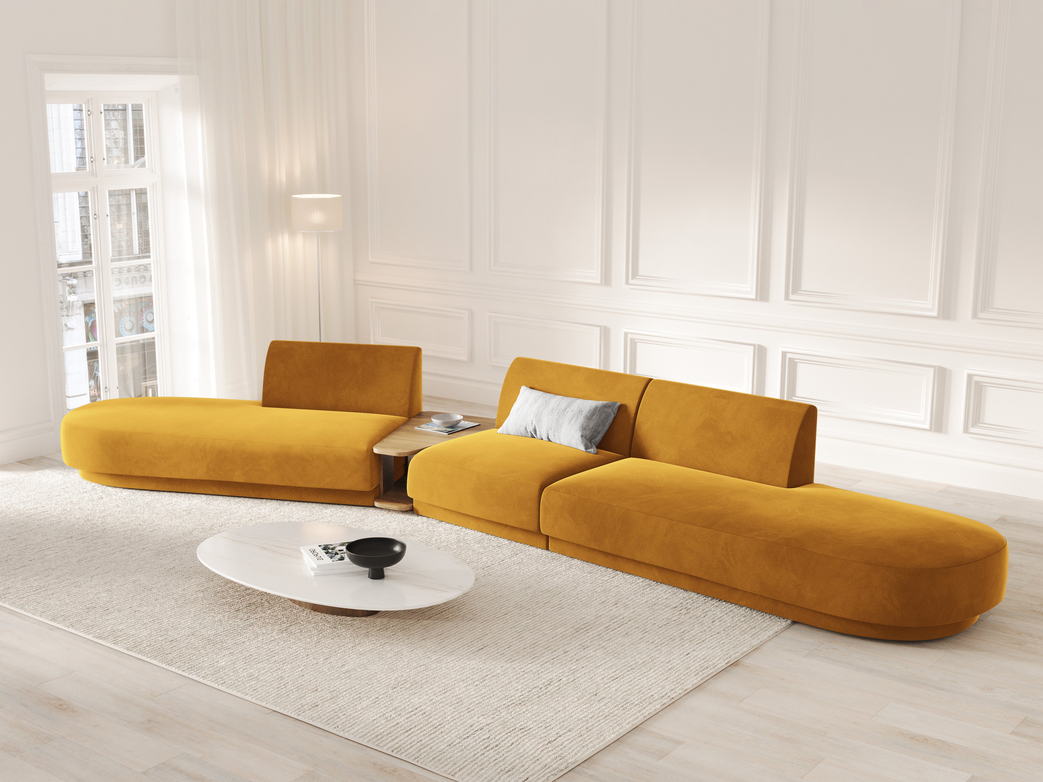 Left-sided modular sofa with table for 5 people in velvet MILEY yellow