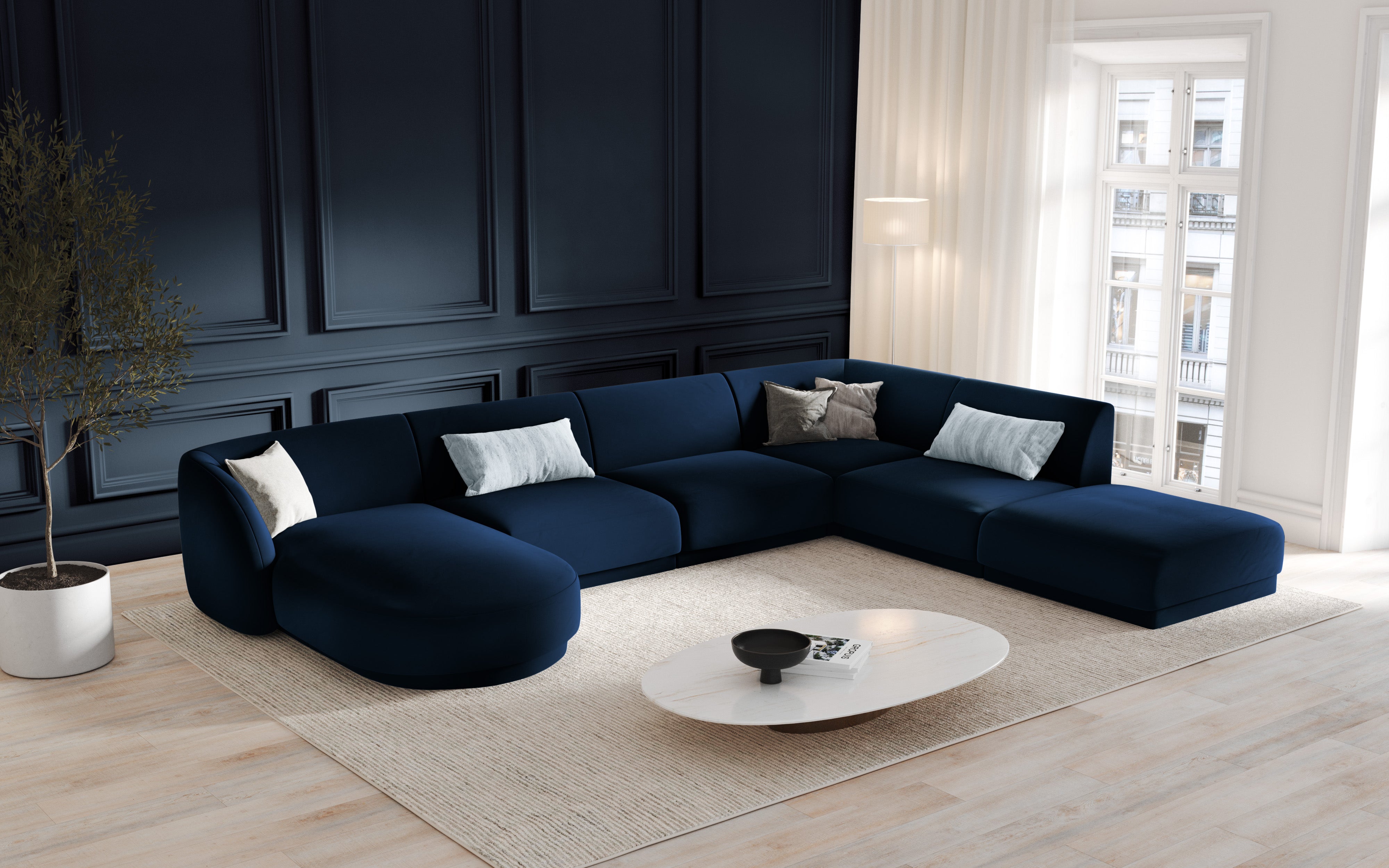 Left-facing modular sofa for 6 people MILEY petrol silky chenille