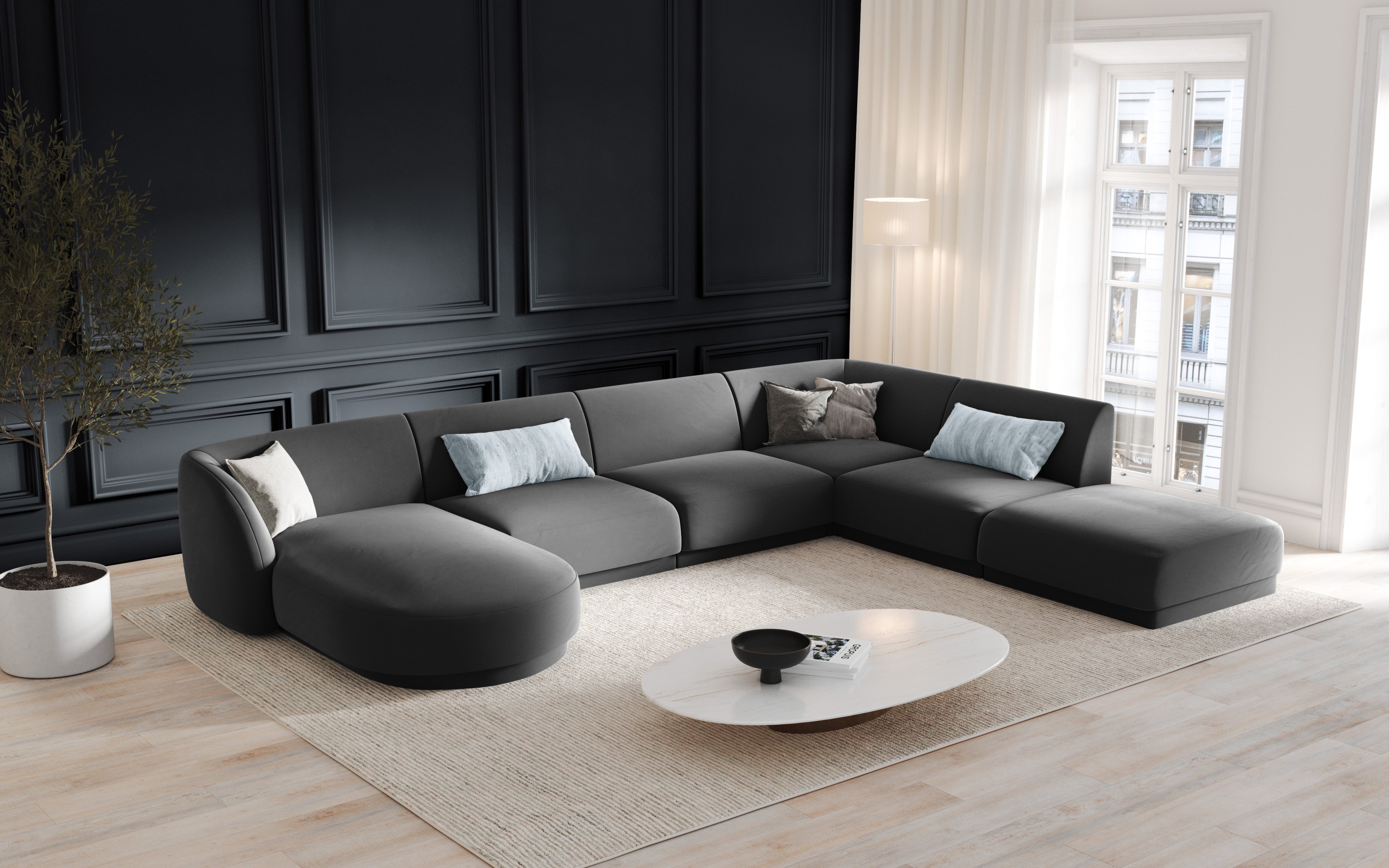 Left-sided panoramic sofa in the szenil fabric of 6-person Miley Jasnoszary