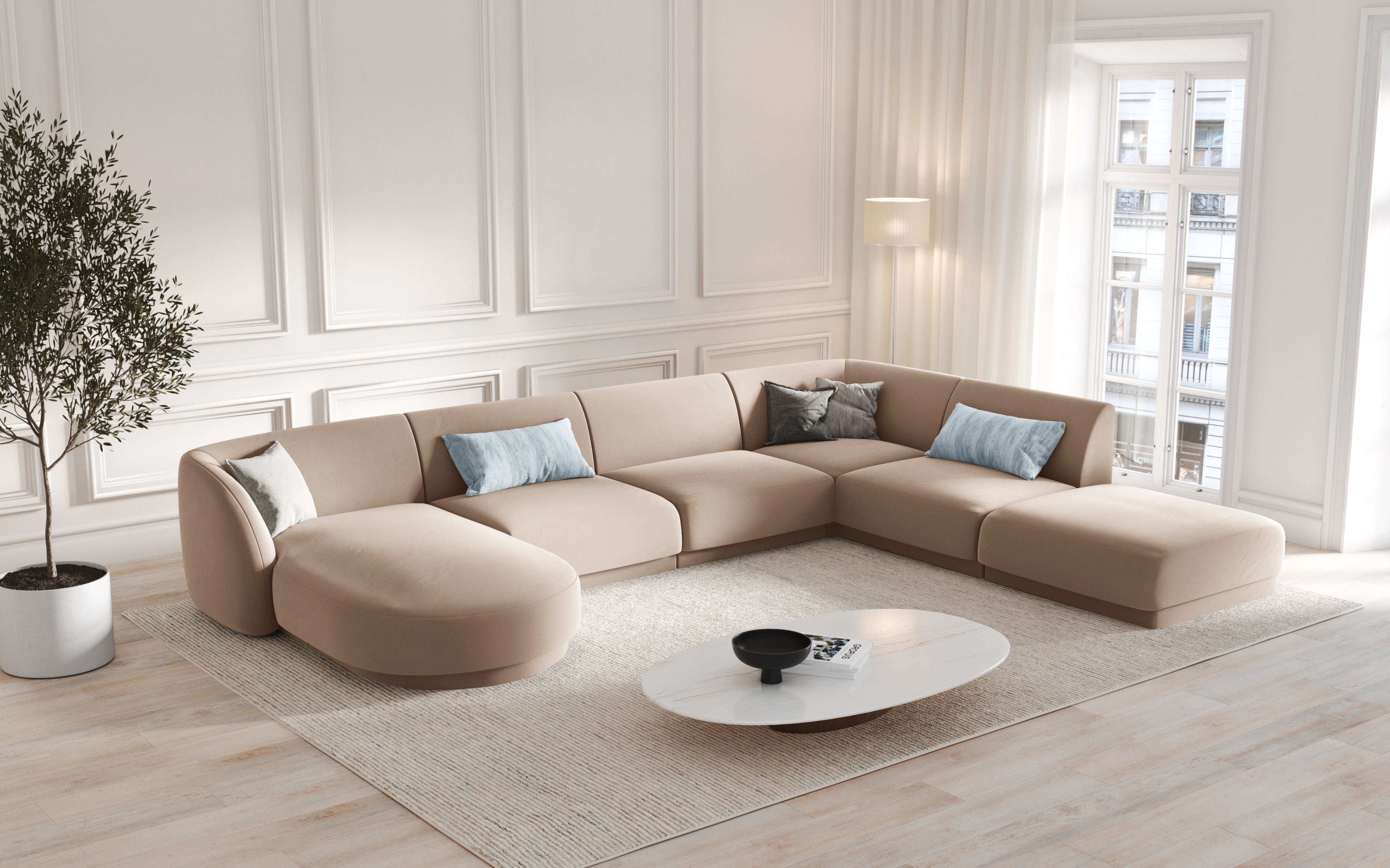 Right-facing modular sofa for 6 people in velvet MILEY cappuccino