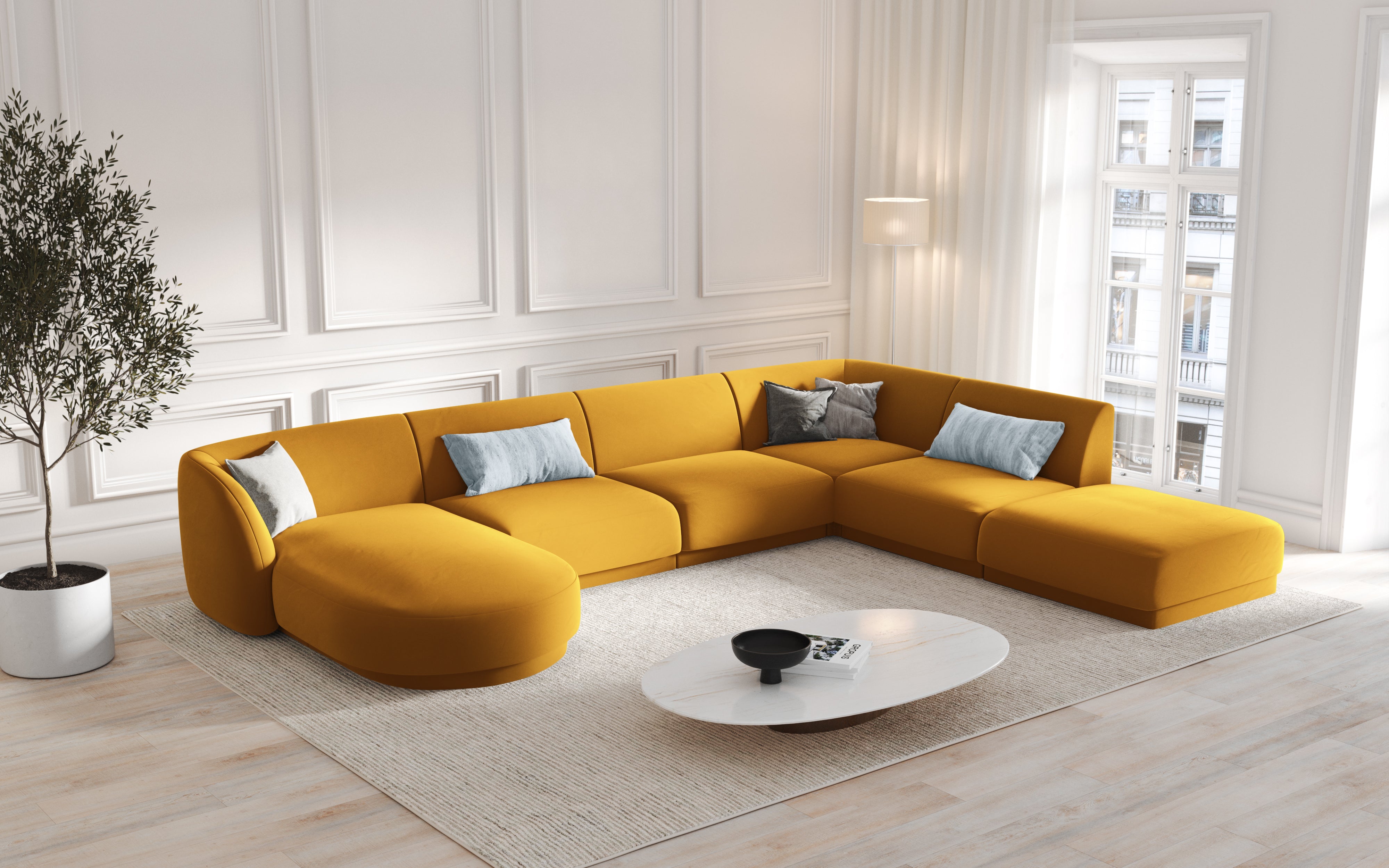 Modularsofa rechtsseitig für 6 Personen aus Samt MILEY gelb