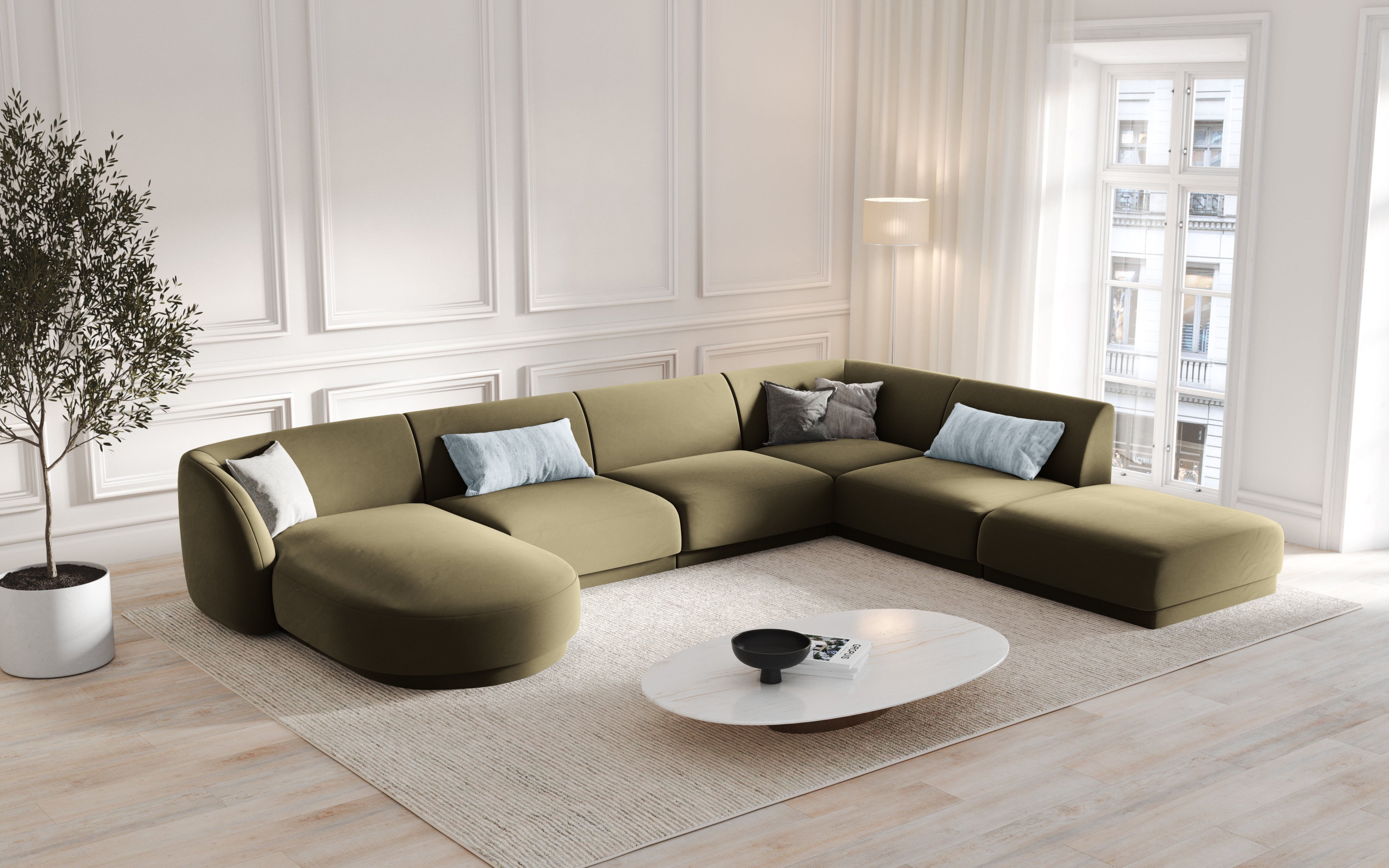Right-facing modular sofa for 6 people MILEY green boucle