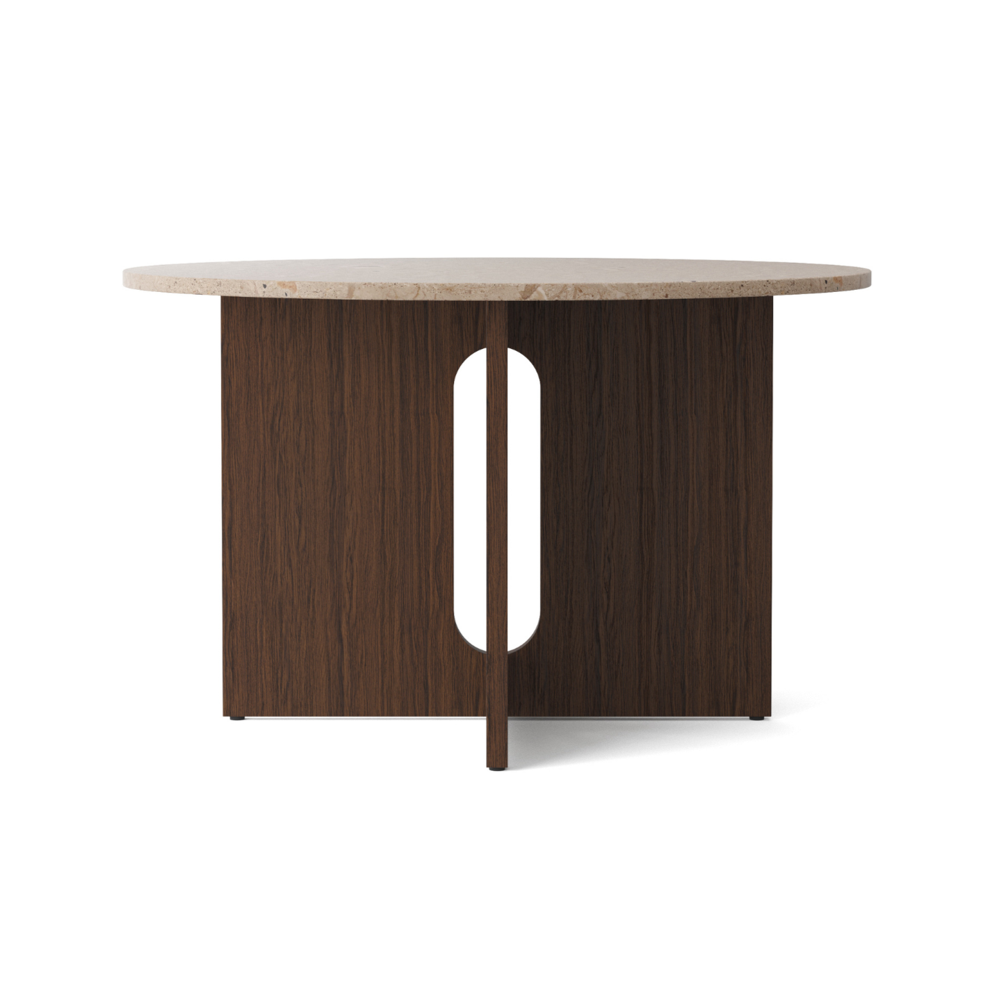 Runder Tisch ANDROGYNE beige Marmor mit dunklem Eichenfuß