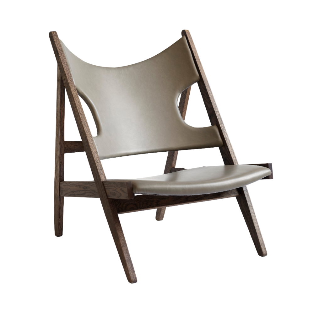 KNITTING armchair gray leather with dark oak base