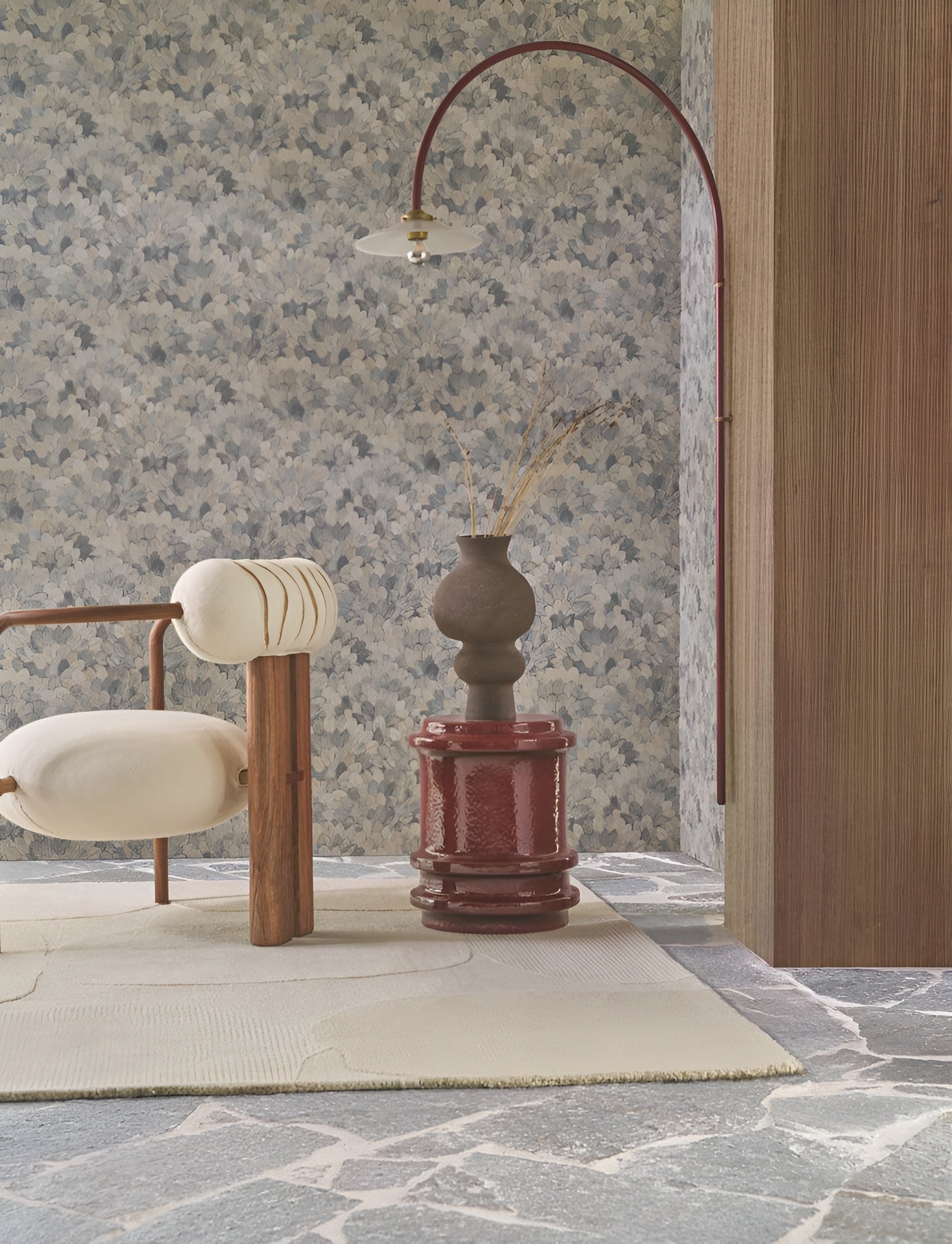 Structural vinyl wallpaper with a plant motif FEIJOA - ORAGE warm gray