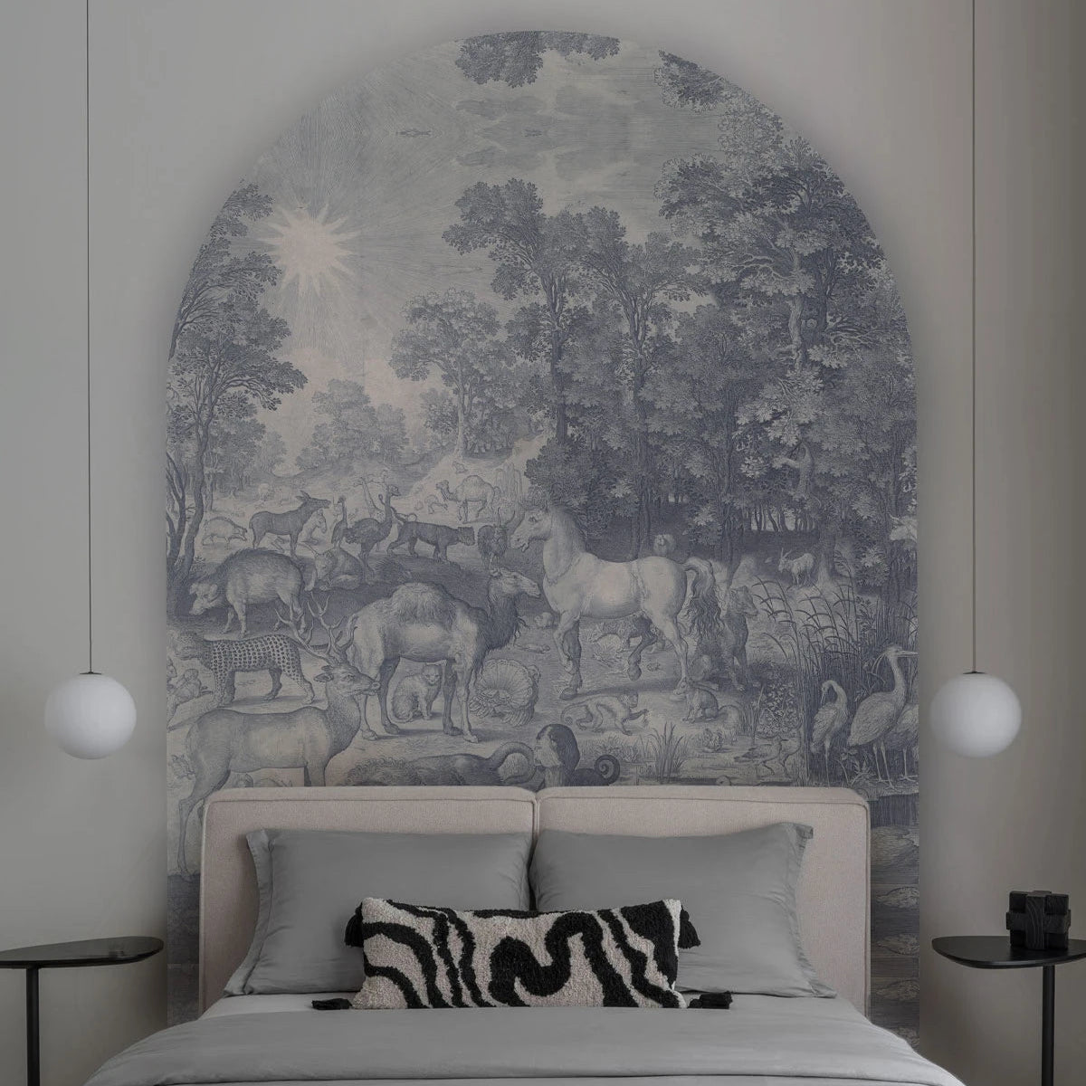 Non-woven arch-shaped mural FAUNA FRESCO muted blue