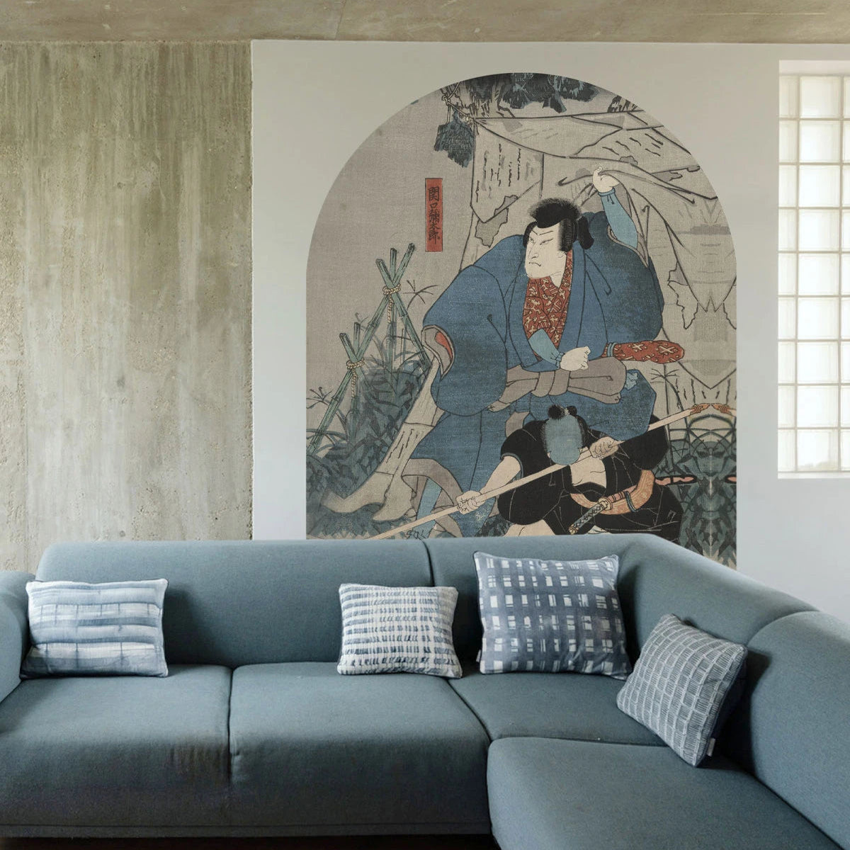 Non-woven arch-shaped mural SAMURAI SAGA beige with blue