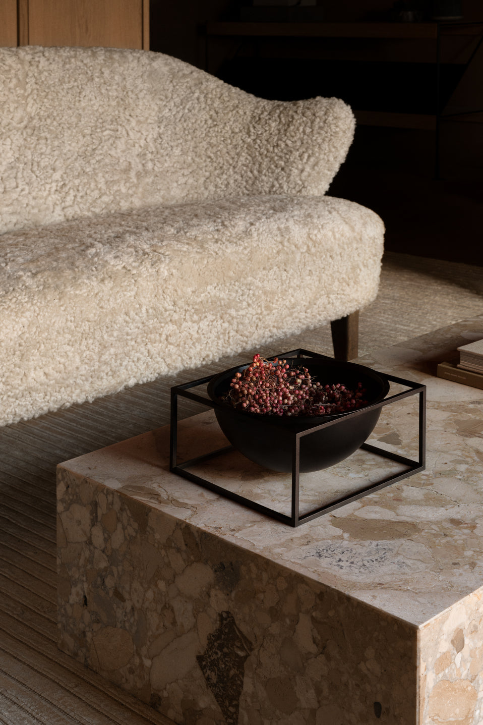 INGEBORG sofa brown sheepskin with oak base