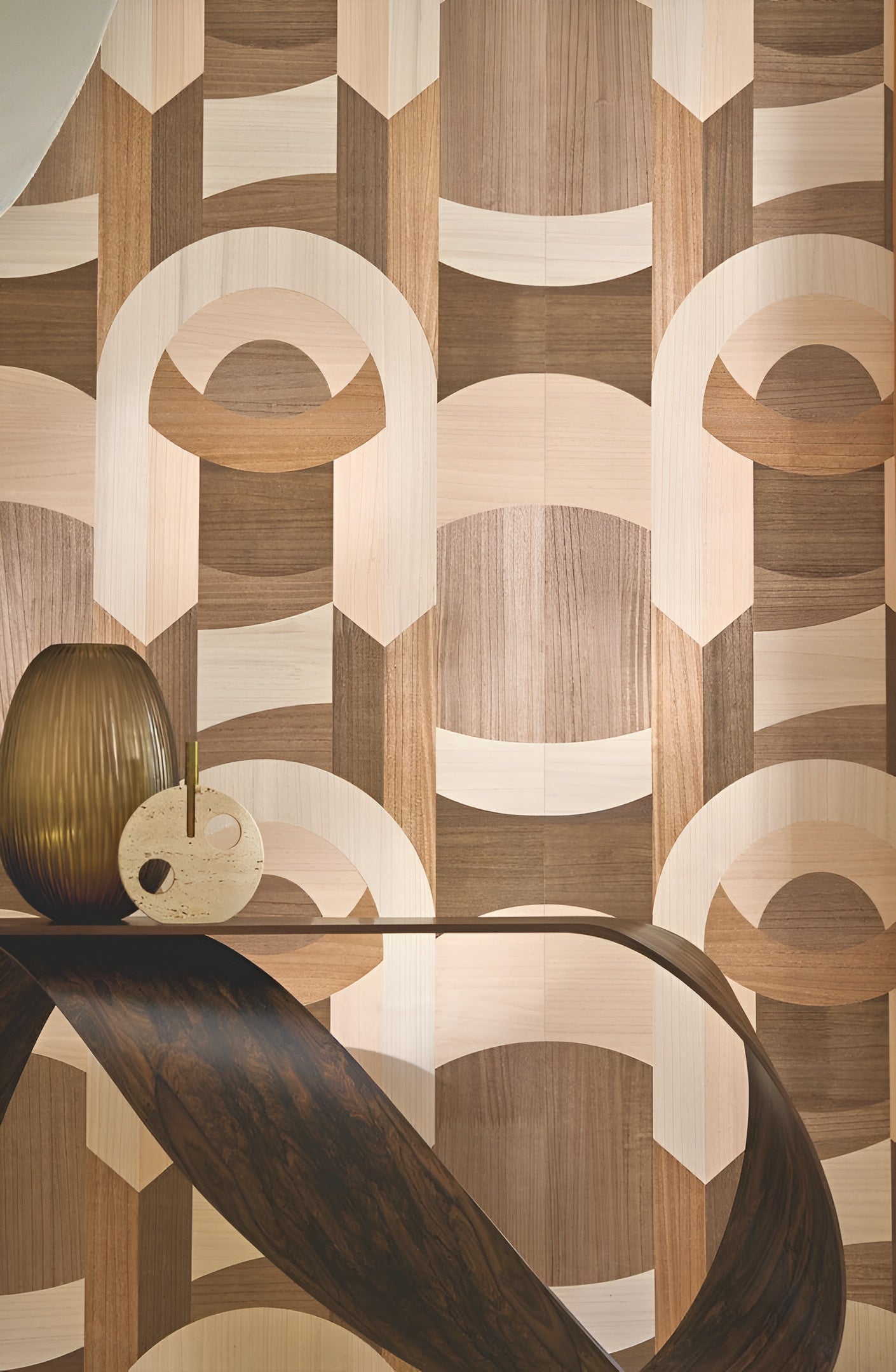 Art Deco Geometric Pattern Veneered Wallpaper TRAVERSÉE - LIGHT IVORY OAK