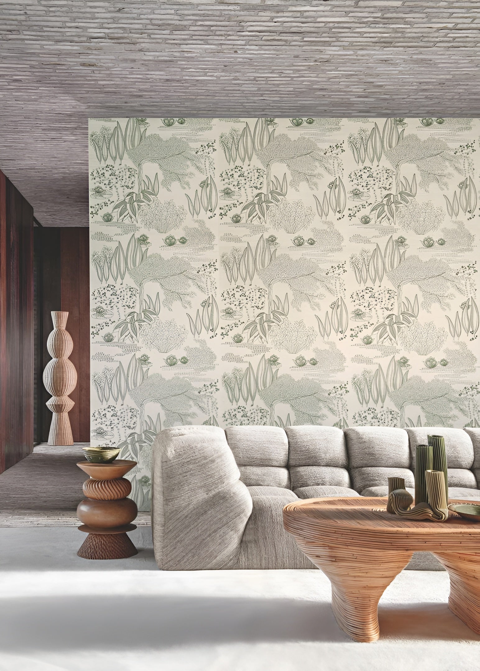 Plant fiber wallpaper with a plant motif HASU - IVORY GREEN GRAY ivory with green