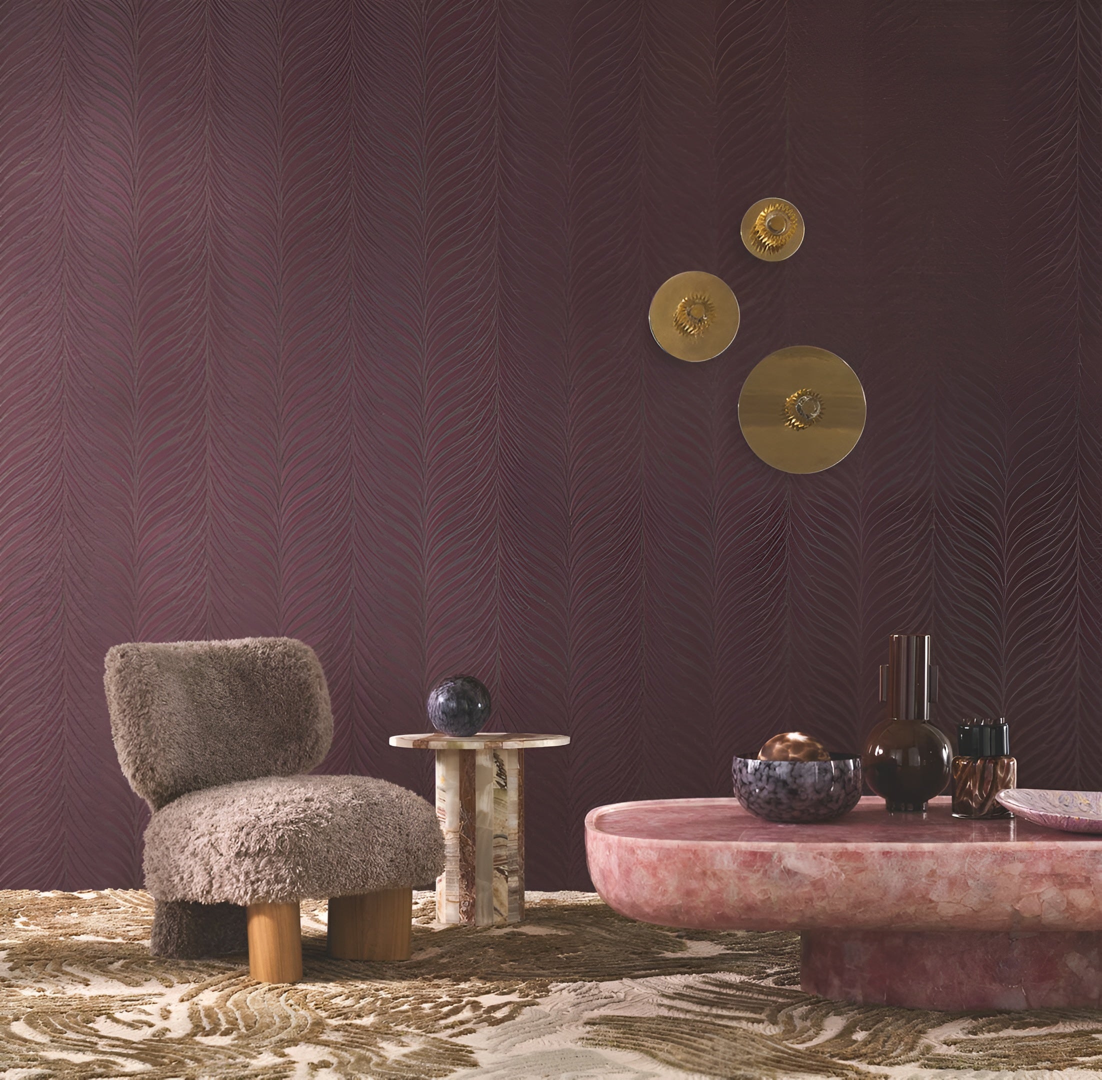 Textured fabric wallpaper embroidered with a leaf motif ORNAMENTA - AUBERGINE ÉBÈNE burgundy