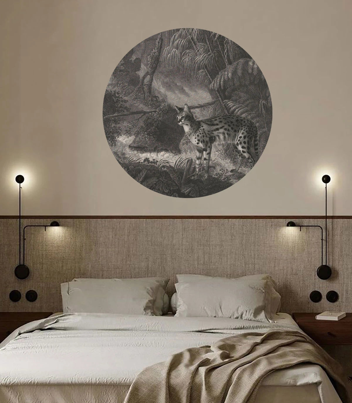 Circle-shaped mural DOTS - PALMS AND CATS dark gray