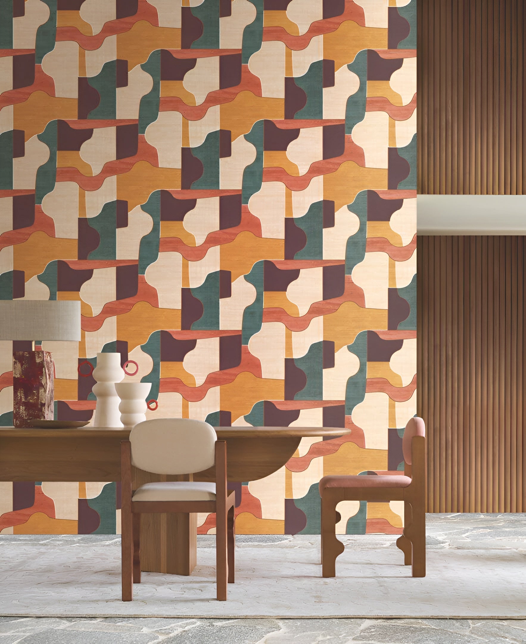 Wallpaper with geometric pattern MODERNISM - BLUSH/VANILLA orange