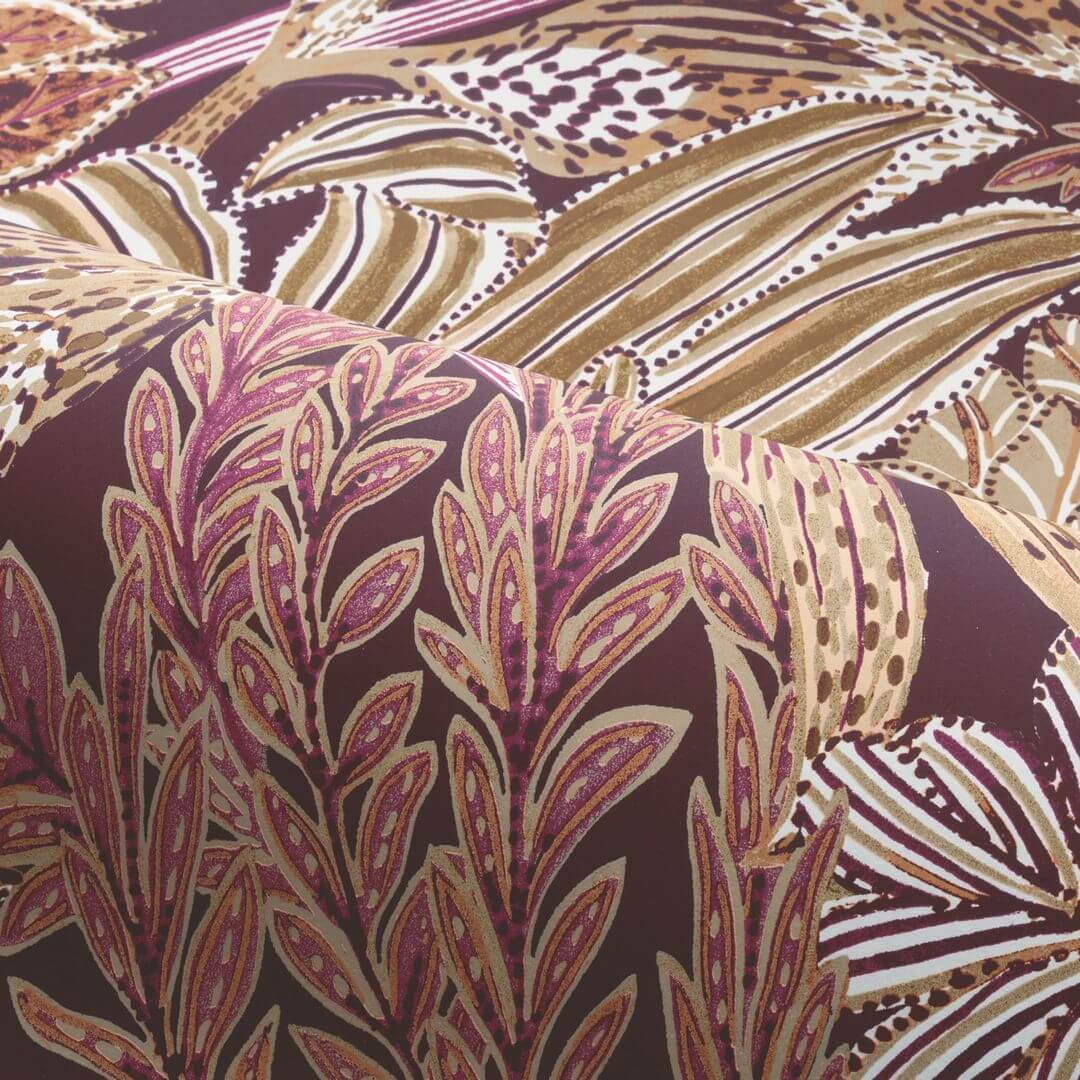 Non-woven wallpaper with a plant motif BORROMMEE - PURPLE/OLIVE purple with olive