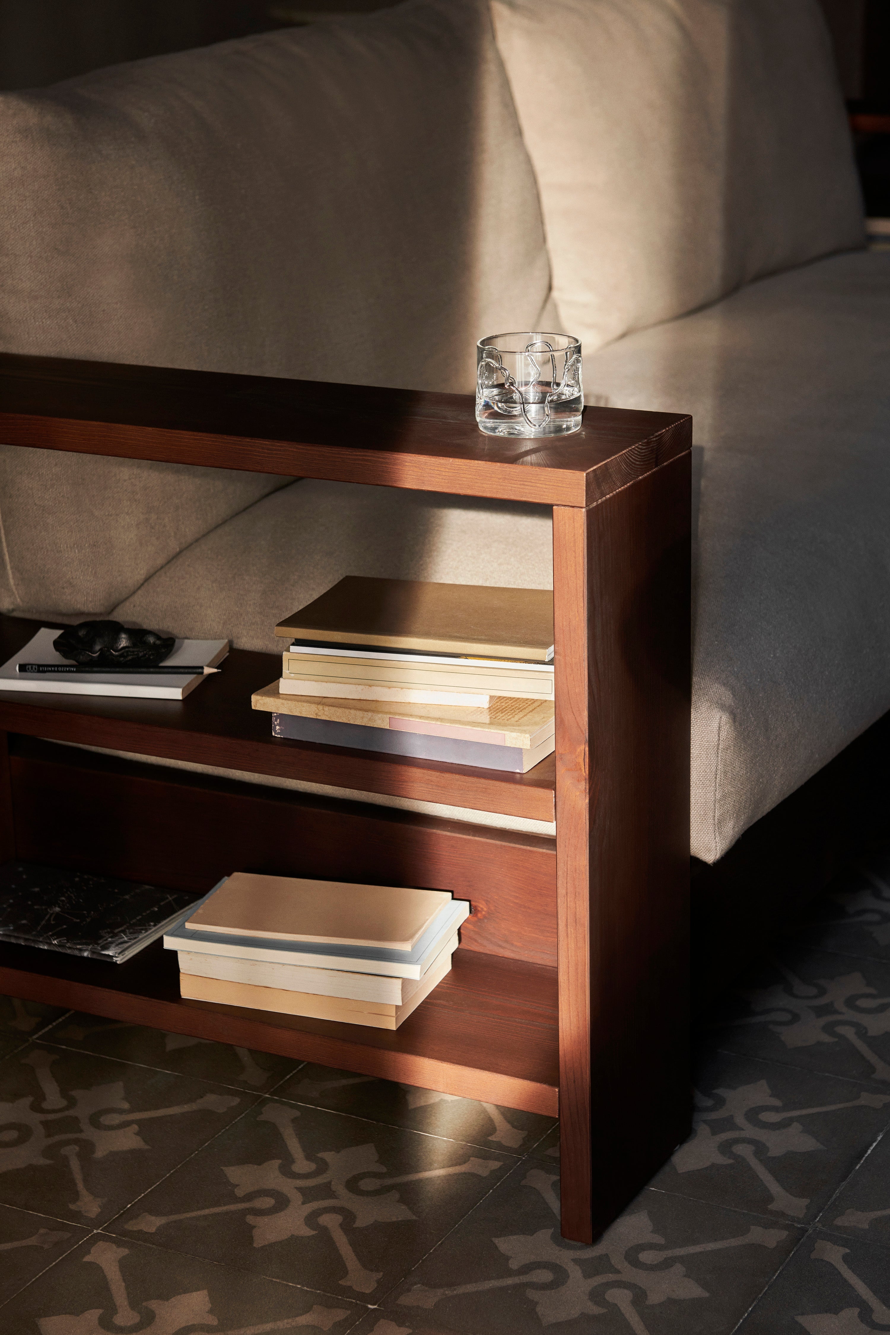 Edre beige sofa with a dark brown wooden base