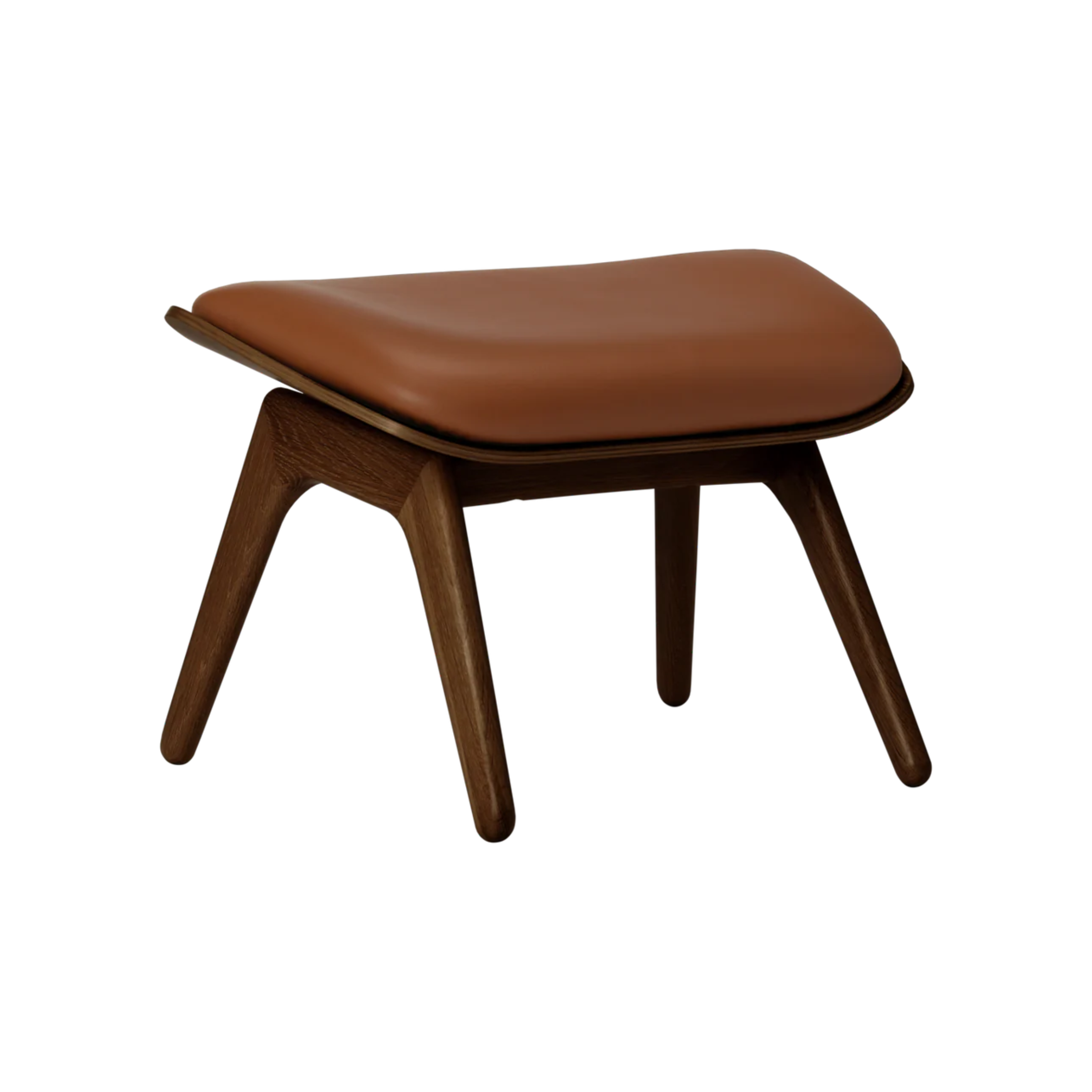 READER footstool in cognac leather with a dark oak base