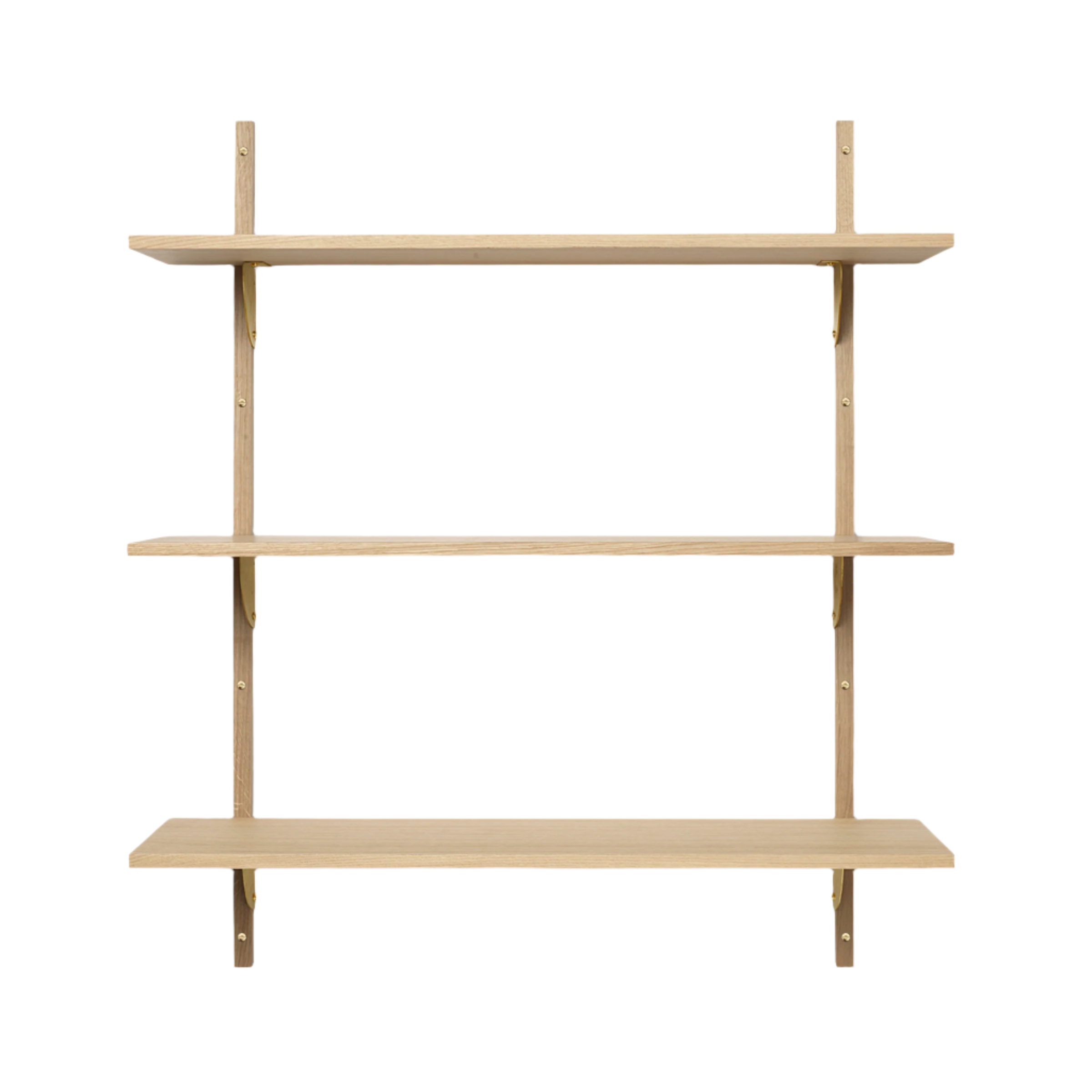 SECTOR TRIPLE WIDE shelf in oak veneer with a brass finish