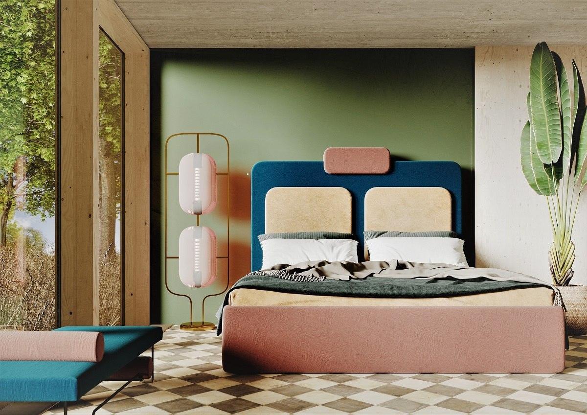 Łóżko tapicerowane PLUM 7 morski z żółtym Happy Barok Eye on Design