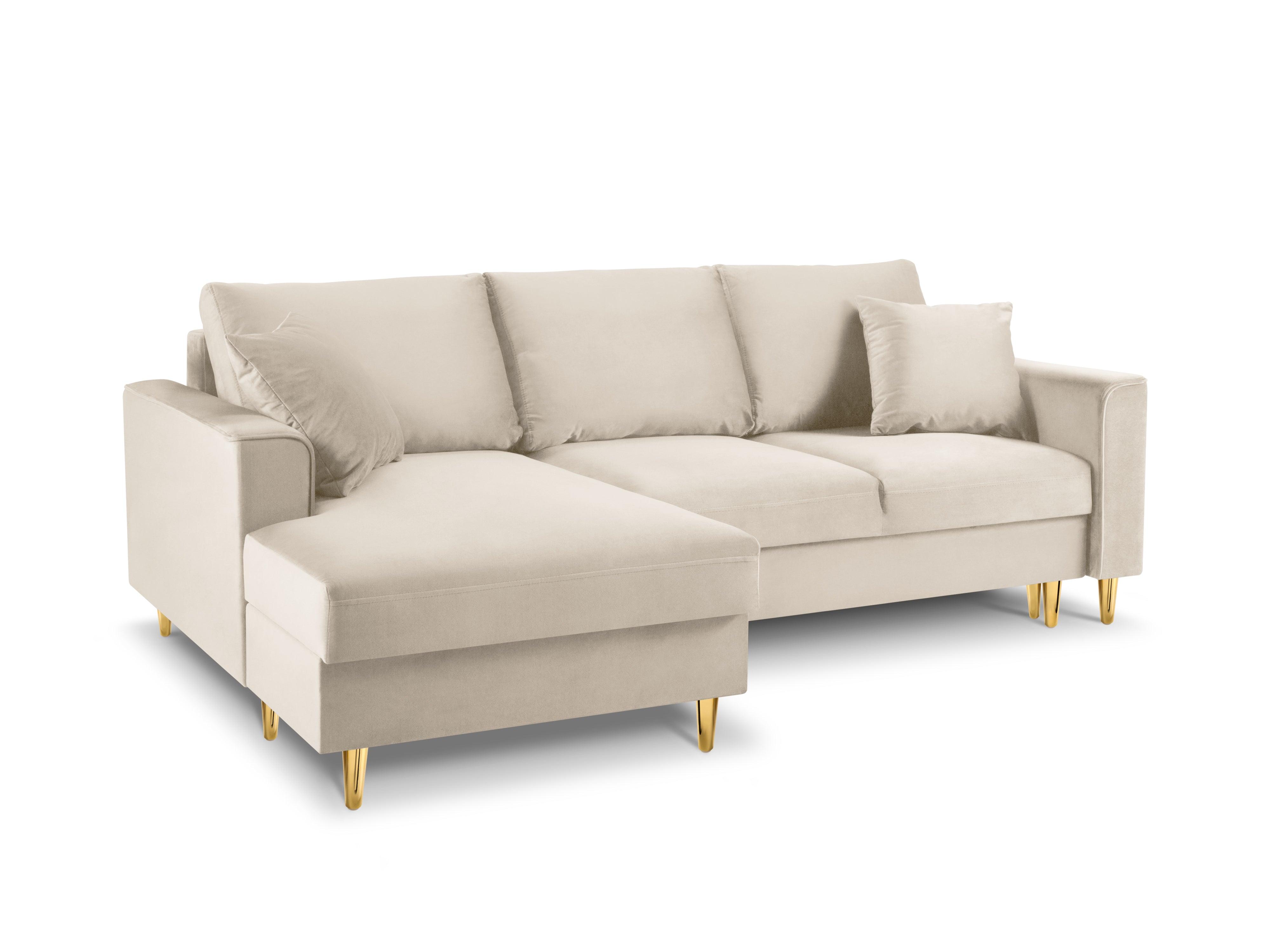 Narożnik lewostronny aksamitny z funkcją spania CARTADERA beżowy ze złotą podstawą Mazzini Sofas Eye on Design