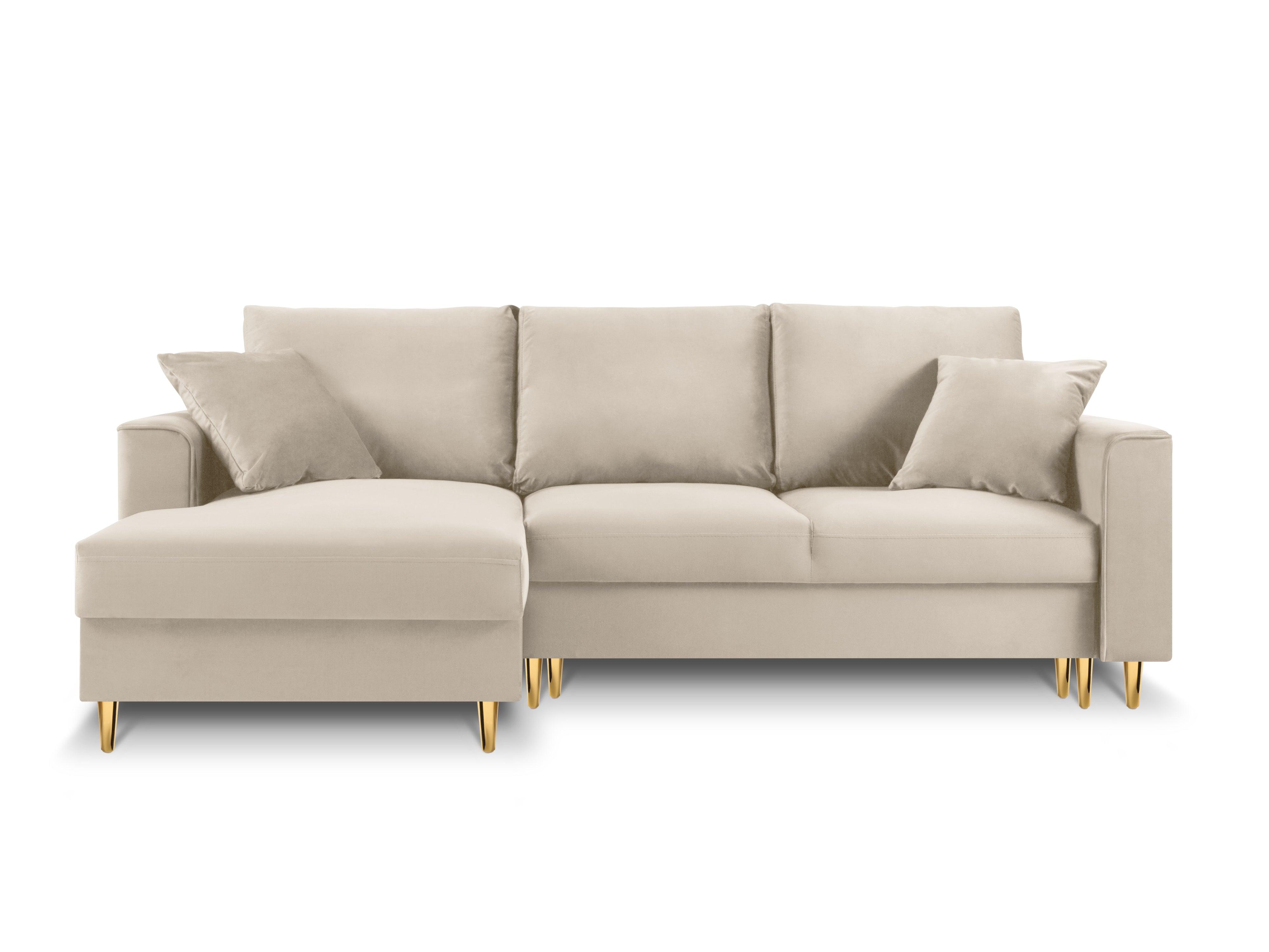 Narożnik lewostronny aksamitny z funkcją spania CARTADERA beżowy ze złotą podstawą Mazzini Sofas Eye on Design
