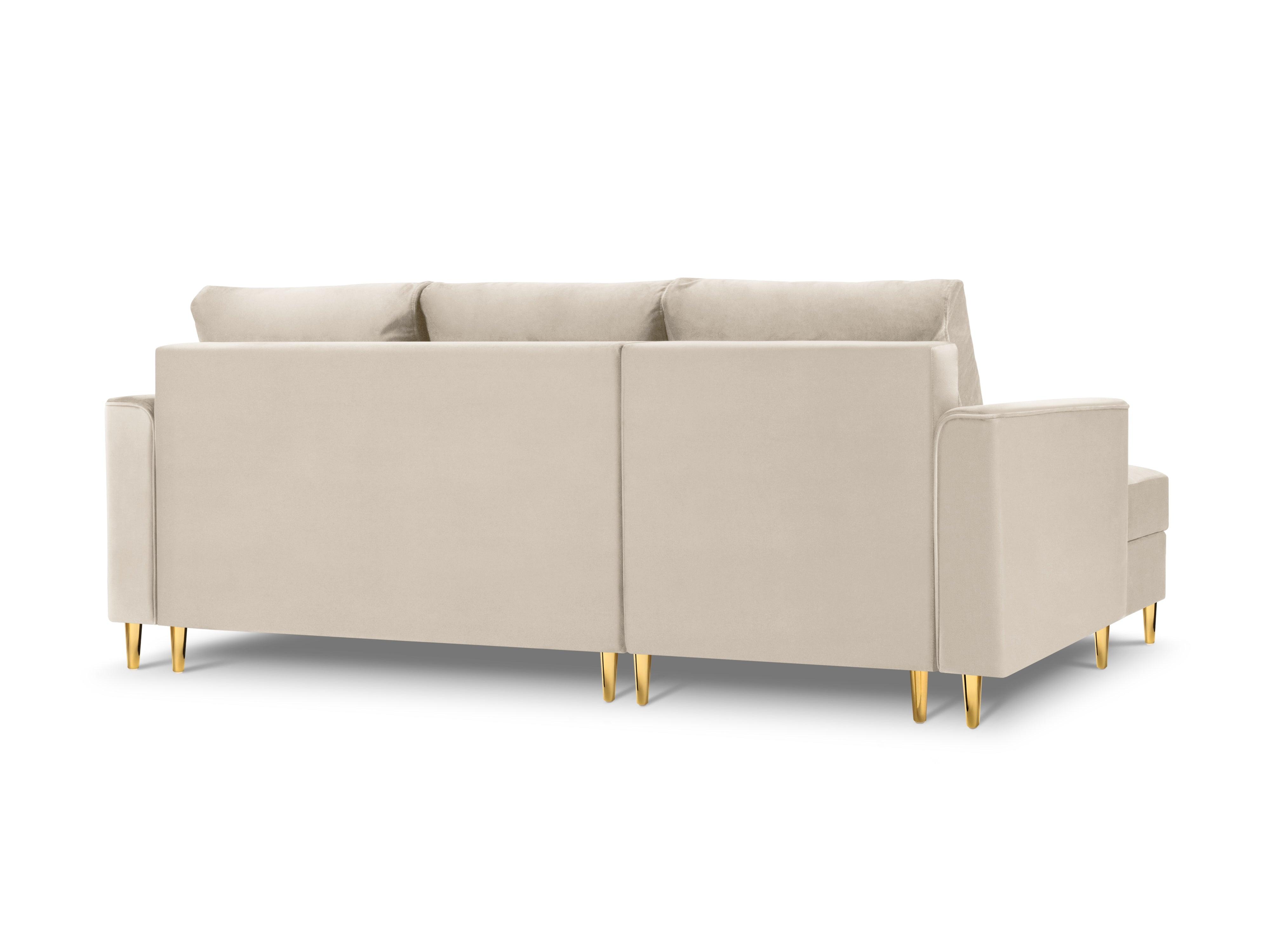 Narożnik lewostronny aksamitny z funkcją spania CARTADERA beżowy ze złotą podstawą Mazzini Sofas Eye on Design