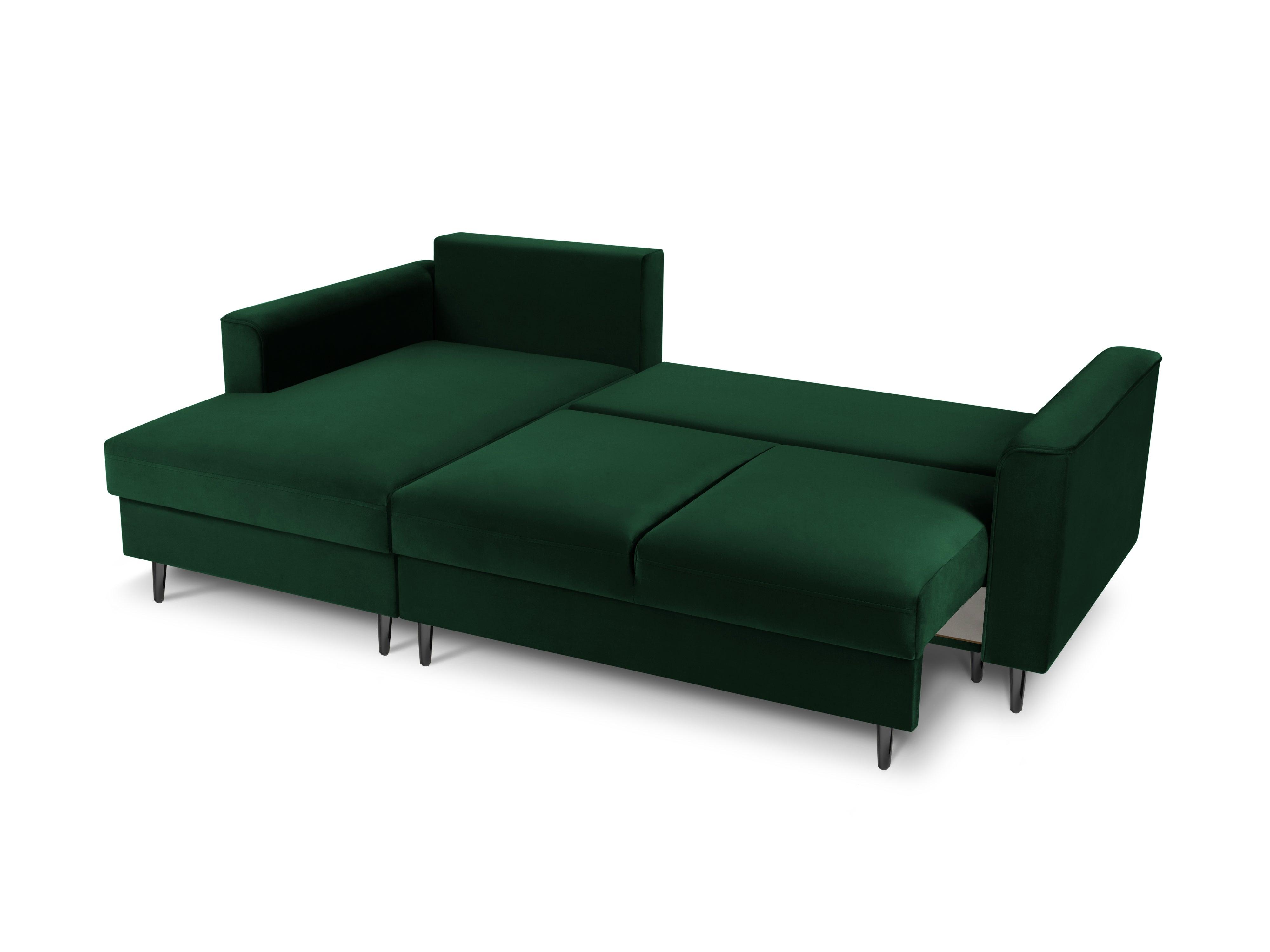 Narożnik lewostronny aksamitny z funkcją spania CARTADERA butelkowa zieleń z czarną podstawą Mazzini Sofas Eye on Design